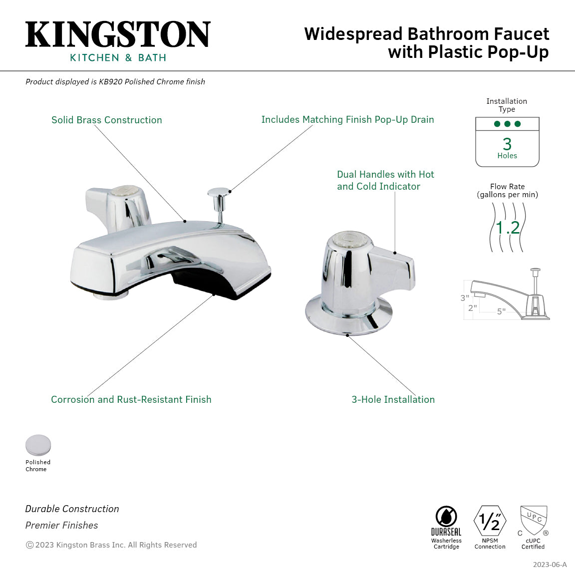 Americana KB920 Two Handle 3 Hole Widespread Bathroom Faucet with Pop Up Drain - Polished Chrome - Perfect for Modern Bathroom Vanities and Sink Upgrades