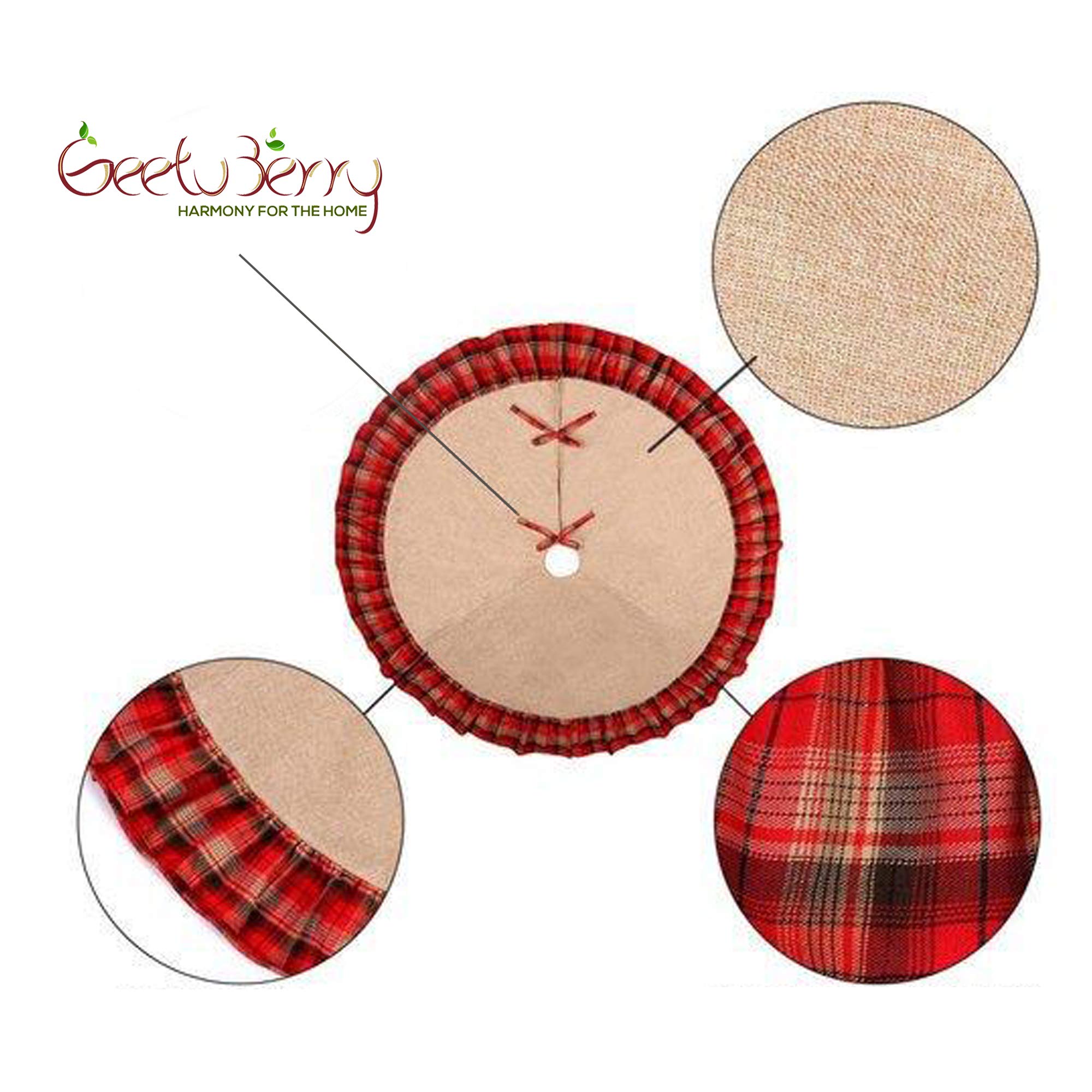 48 Inch Rustic Burlap Christmas Tree Skirt with Red & Green Tartan Border - Farmhouse Holiday Decor for Christmas, Easter & Seasonal Home Decoration - Perfect for Fireplace Mantel, Living Room & Cozy Winter Gatherings