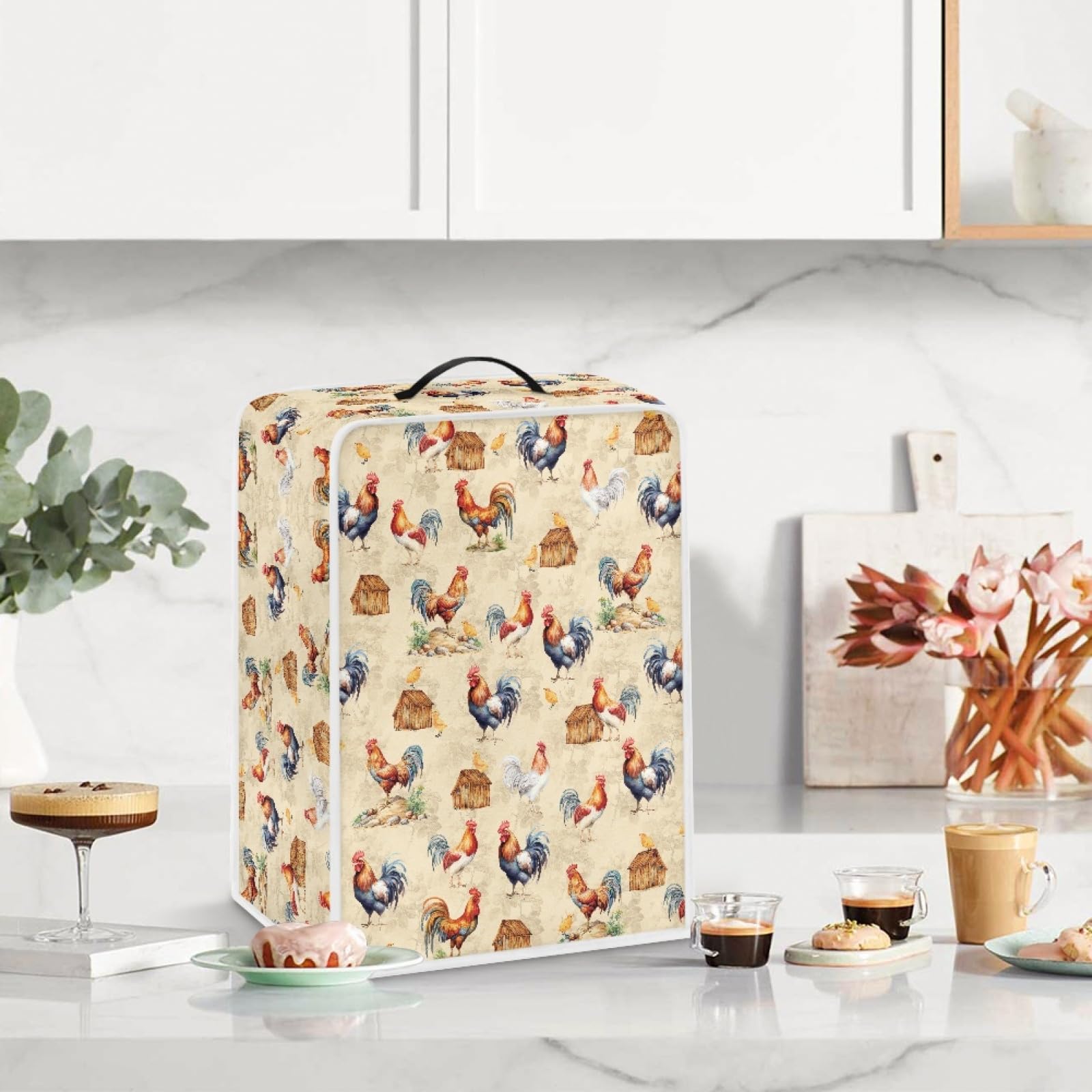 GLENLCWE Rooster Print Dust Proof Cover for Coffee Maker & Stand Mixer - Retro Polyester Kitchen Appliance Protector, Washable & Reusable - Perfect for Kitchen Countertop, Coffee Station & Baking Area
