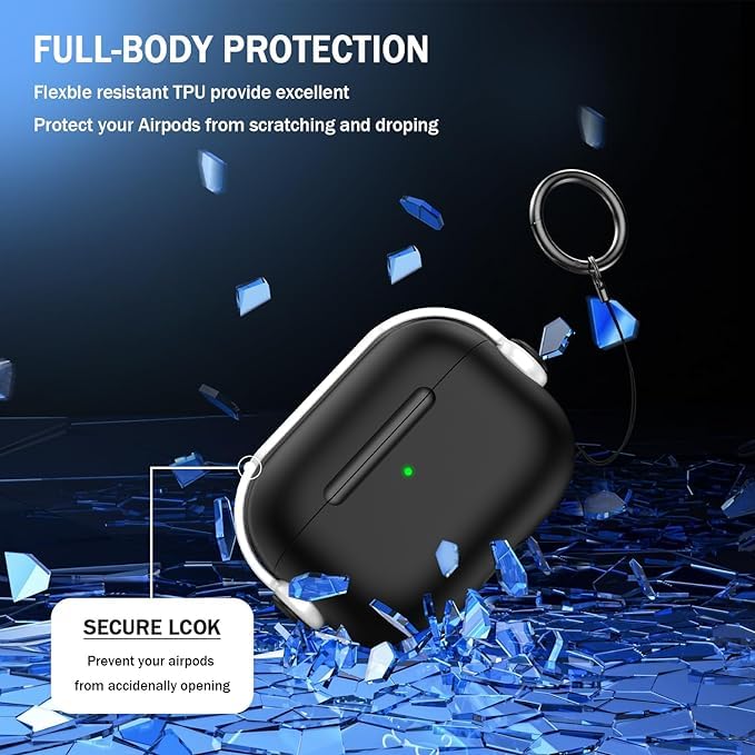 Custom AirPods 4th Gen 2024 Protective Case with Secure Lock & Keychain - Personalized Music Headphone Cover for All AirPods Models (USB-C/Lightning Compatible) - Black/White - Perfect for Travel, Gym & Daily Protection