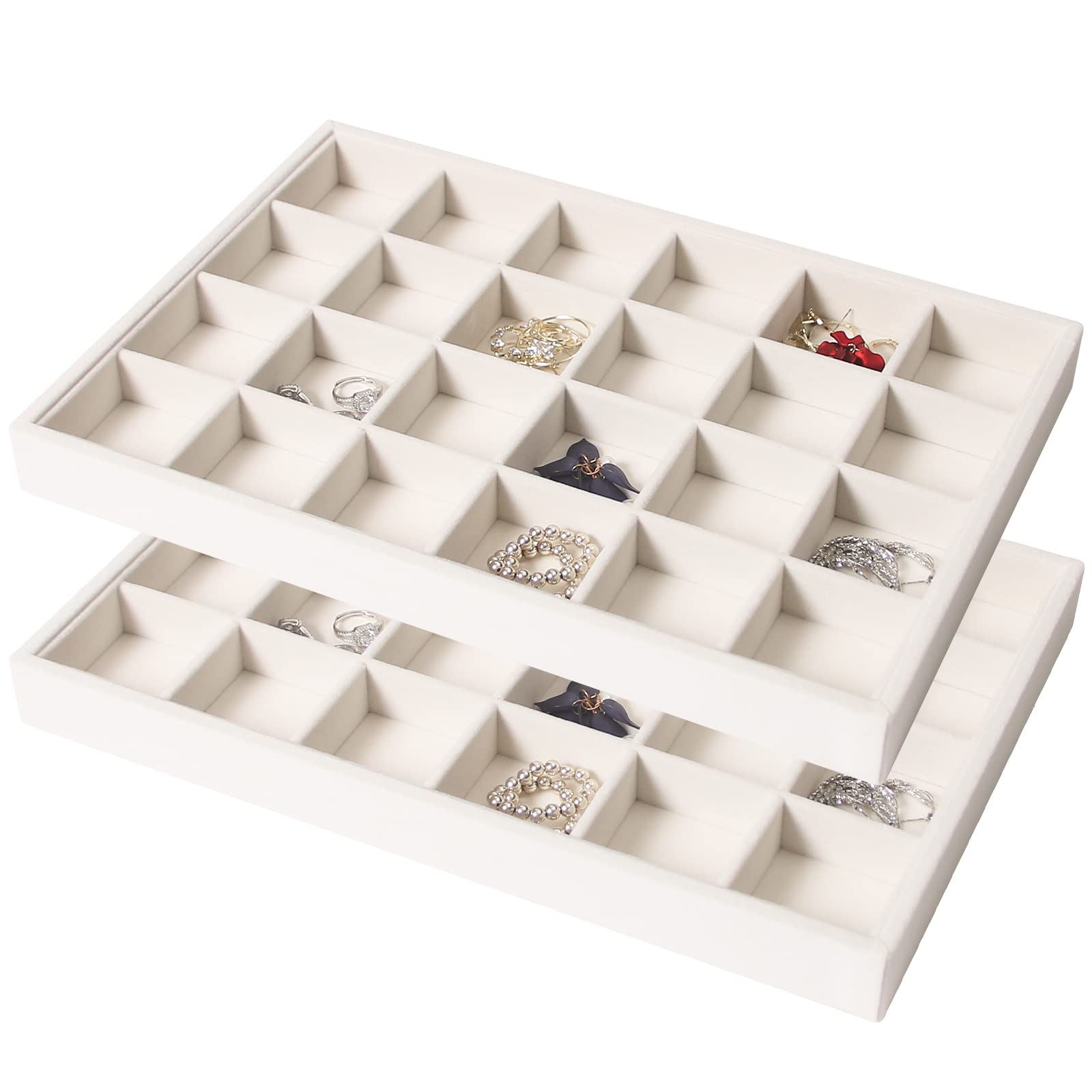 2-Piece Stackable 24-Grid Jewelry Organizer Tray - Necklace, Earring, Ring & Bracelet Storage Box with Drawer - Beige Display Holder for Bedroom Vanity & Travel Accessory Organization