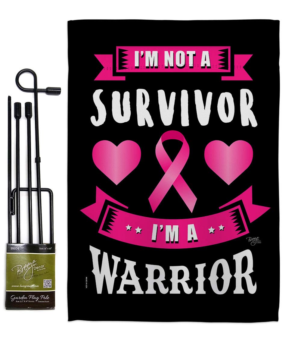 Pink Warrior Garden Flag Set with Stand - Inspirational Breast Cancer Awareness Ribbon, Autism & BLM Support - Double-Sided 13x18.5 Inch Yard Banner, Made in USA - Perfect for Front Yard Decor, Survivor Gifts & Awareness Campaigns