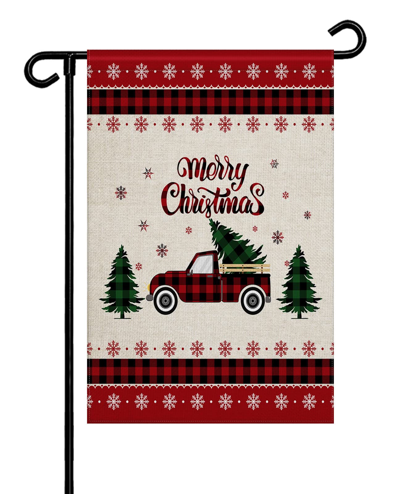 Double Sided Christmas Truck Garden Flags - 28x40 Inch Xmas Tree Winter Snowflake Red Plaid Welcome Banner for Outdoor Decor | Perfect for Patio, Lawn & Seasonal Yard Decorations