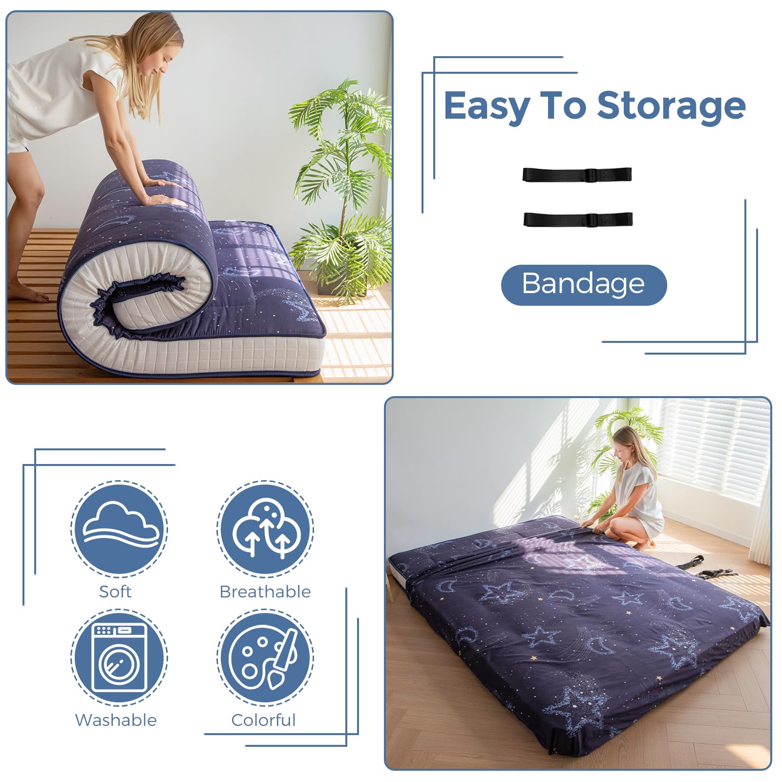 MAXYOYO 6-Inch Extra Thick Futon Mattress - Japanese Floor Mattress with Moon Star Pattern, Tatami Style Sleeping Pad for Guest Bed, Dorm Room, Camping & Home Decor