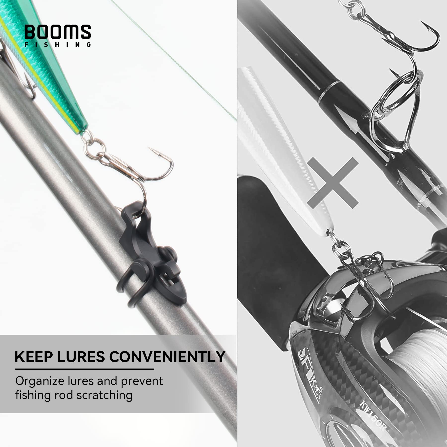 Booms Fishing Hook Keeper for Fishing Rod - HK1S Bait Holder with 2 Size Rubber Rings (10/20 Sets) | Secure Tackle Storage for Freshwater & Saltwater Fishing