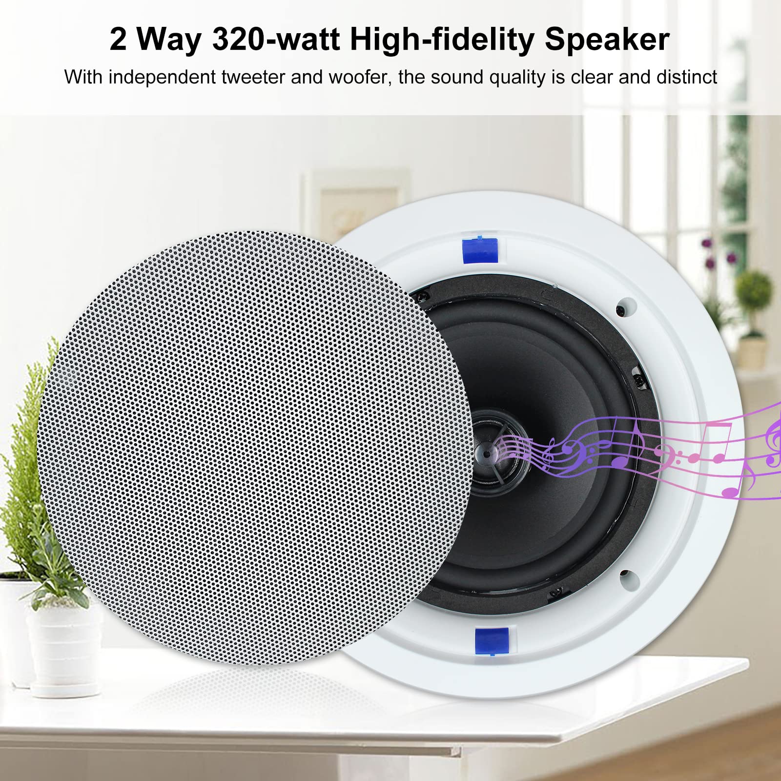 Herdio 6.5 Inch 320W Bluetooth Ceiling Speakers - 2-Way Flush Mount In-Wall Stereo System with Amplifier for Home Theater, Bathroom, Living Room, Kitchen & Office (White, Pair) - Perfect for Whole-House Audio & Background Music