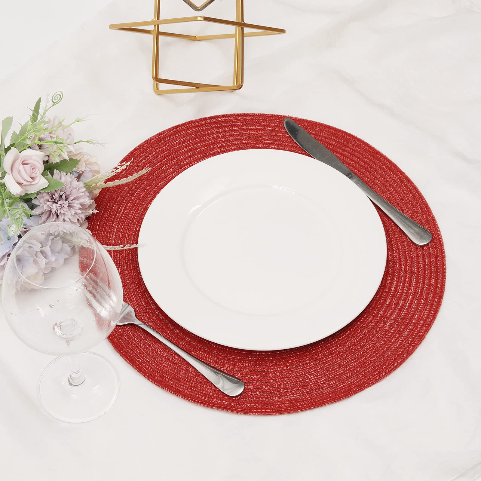 SHACOS 15 Inch Round Braided Placemats Set of 4 - Washable & Durable Table Mats for Kitchen, Dining, Home Decor - Perfect for Wedding, Party, Holiday Dinner (Red) - Ideal for Indoor & Outdoor Entertaining