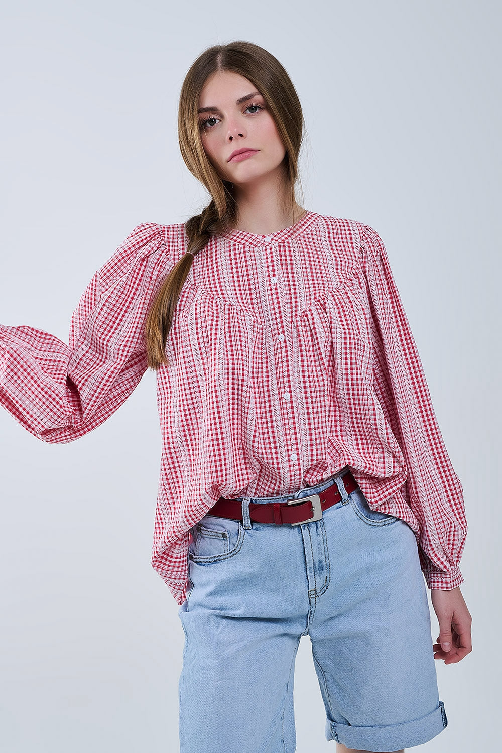 Red and White Vichy Check Floral Print Sleeveless Collarless Blouse for Women - Perfect for Casual Outings, Summer Dresses & Office Wear