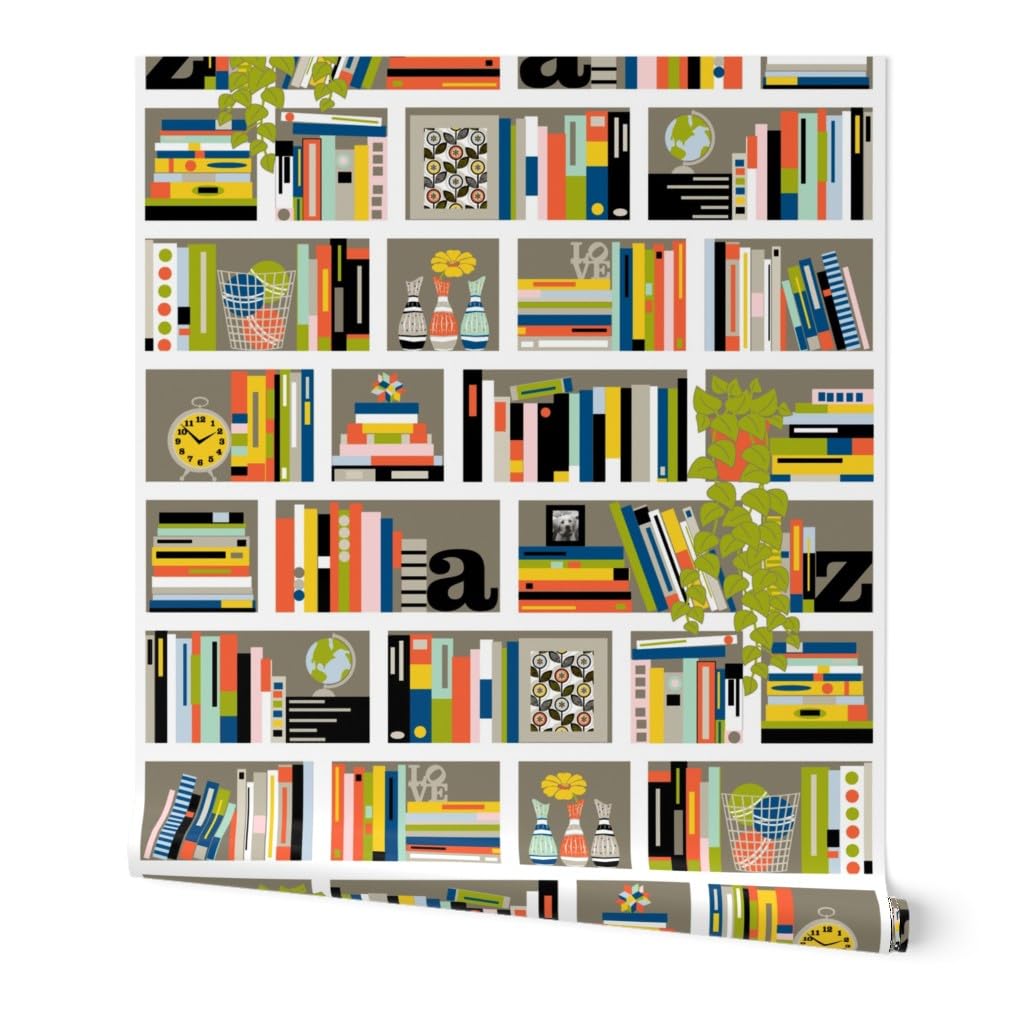 12ft x 2ft Peel & Stick Removable Wallpaper - Bookshelf Library Design with Literature Typography & Plant Stripes | Perfect for Home Office, Nursery, or Reading Nook Decor | Easy DIY Installation