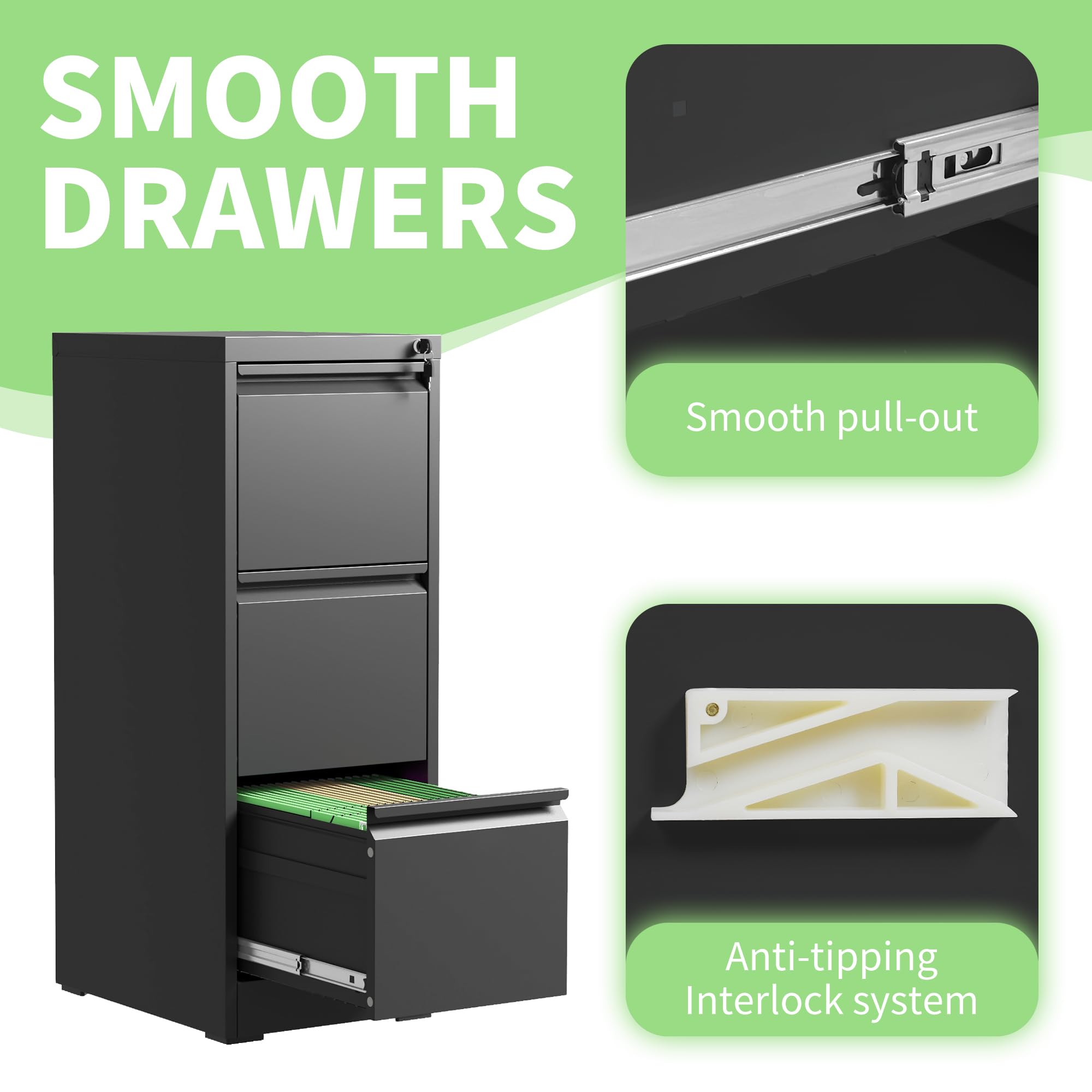 Heavy Duty 3-Drawer Metal File Cabinet with Lock - Steel Vertical Filing Cabinet for Legal & Letter Size Documents | Home Office Organization & Document Storage Solution
