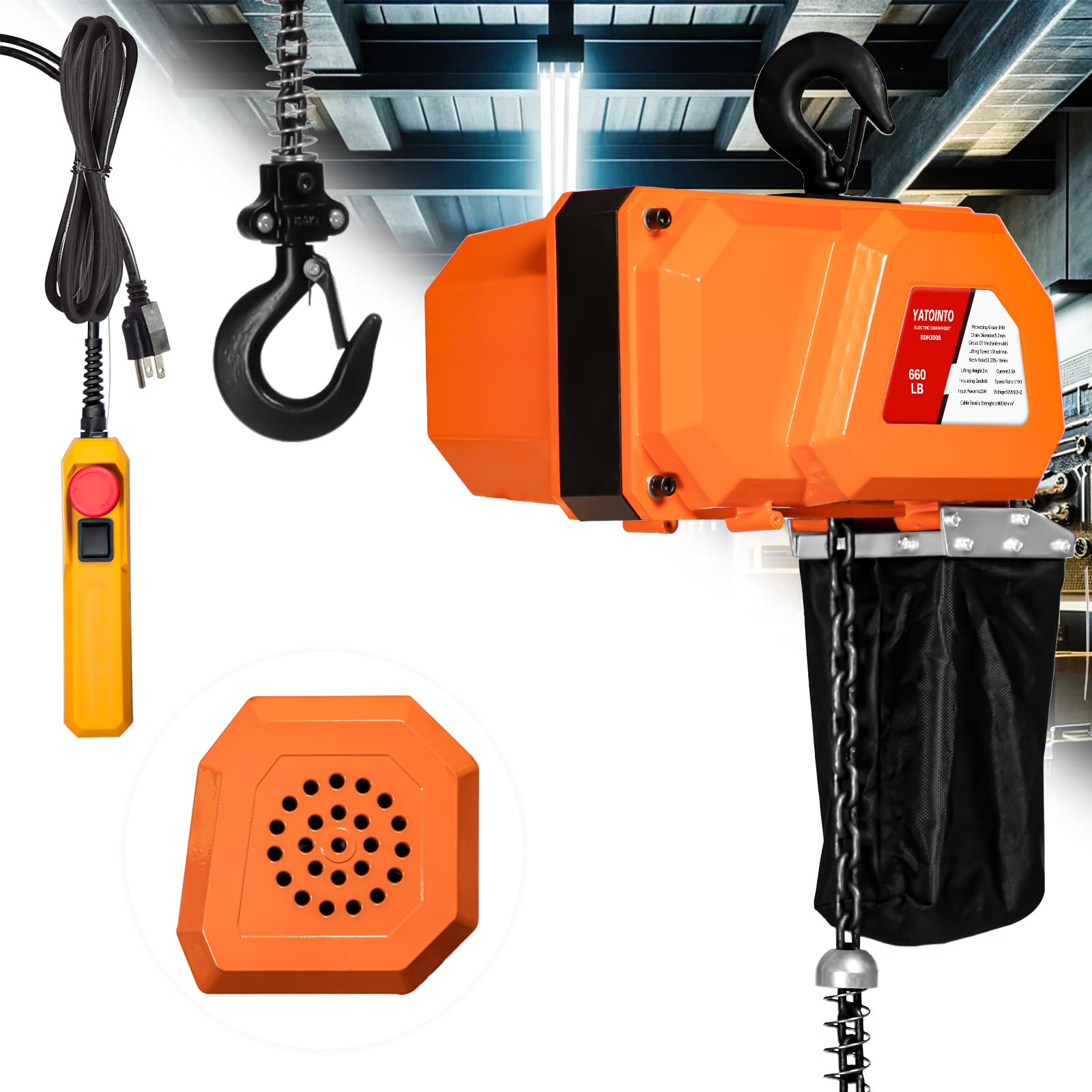 660LBS Electric Chain Hoist with 5ft Wired Remote Control - 120V Single Phase Overhead Crane for Garage, Workshop & Ceiling Mount - 9.8ft Lift Height, Emergency Stop Switch - Ideal for Lifting Heavy Equipment, Auto Repair & Industrial Use