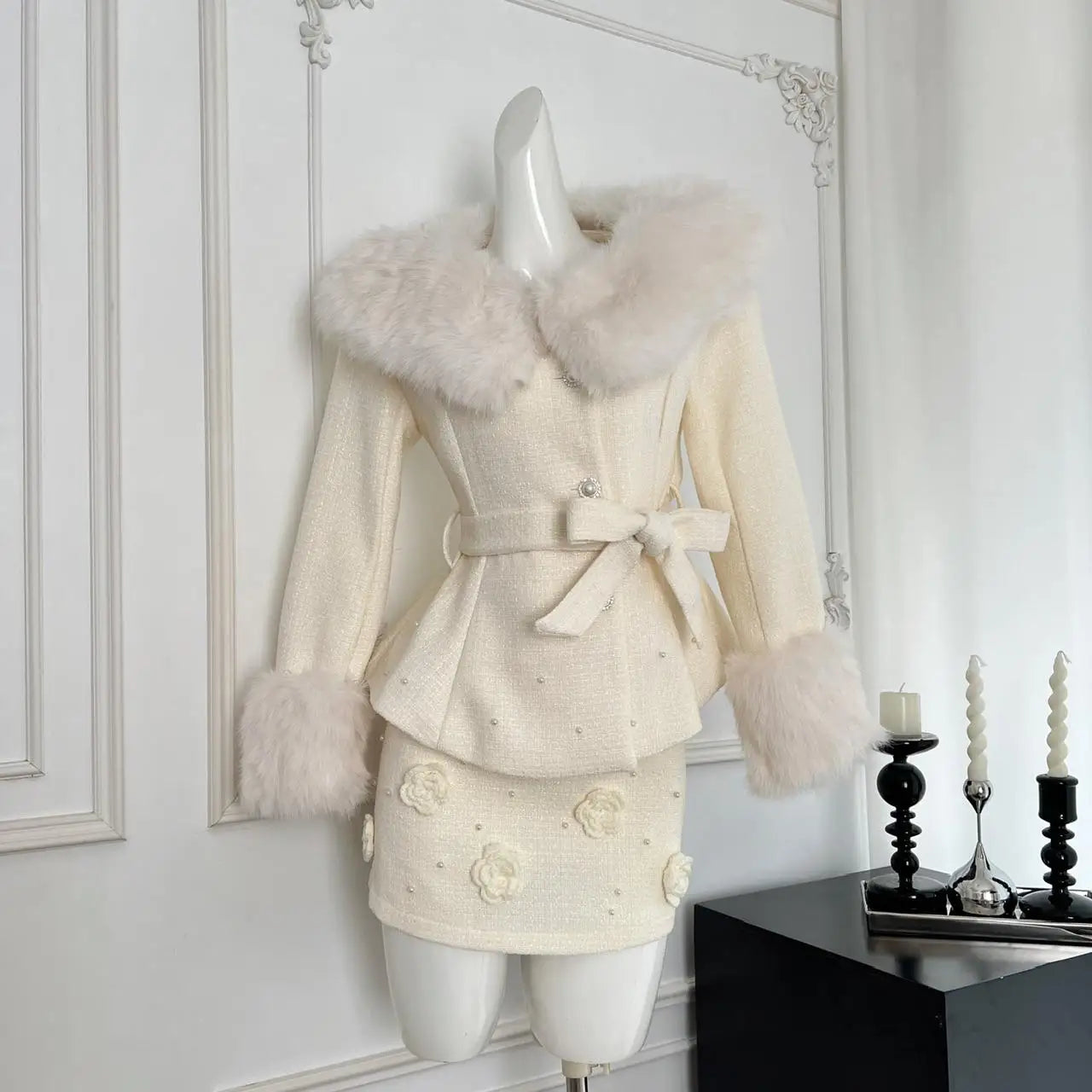 2024 New Women's Autumn Winter Retro Beige Plush Wool Coat & Floral Mini Skirt Two-Piece Set - Warm Office Outfit & Holiday Party Dress