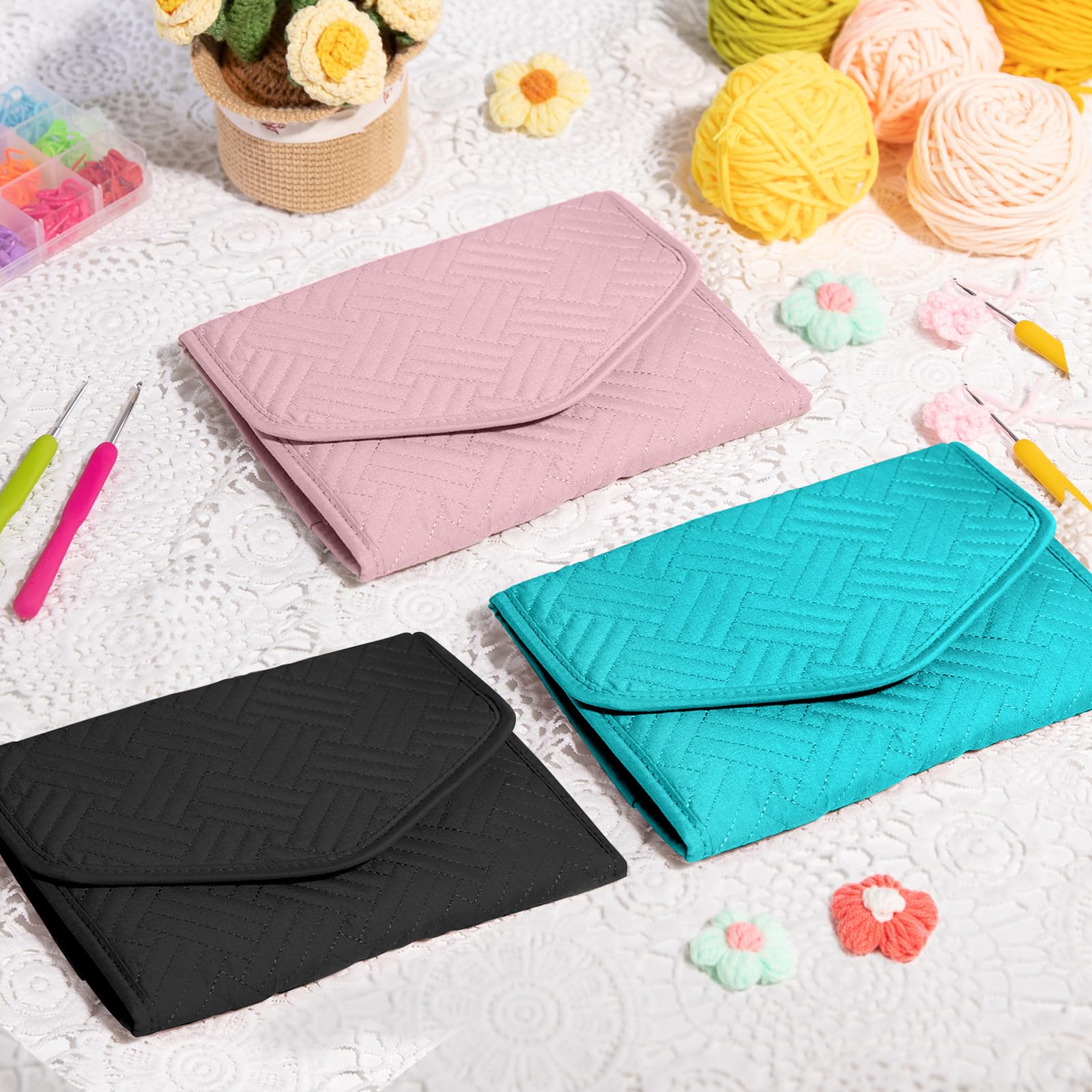 Foldable Crochet Hook Organizer Case - Portable Knitting Needle Holder for Crochet & Knitting Supplies - Empty Teal Storage Pouch for Hooks, Needles & Yarn Accessories - Perfect for Travel, Crafting & Home Organization