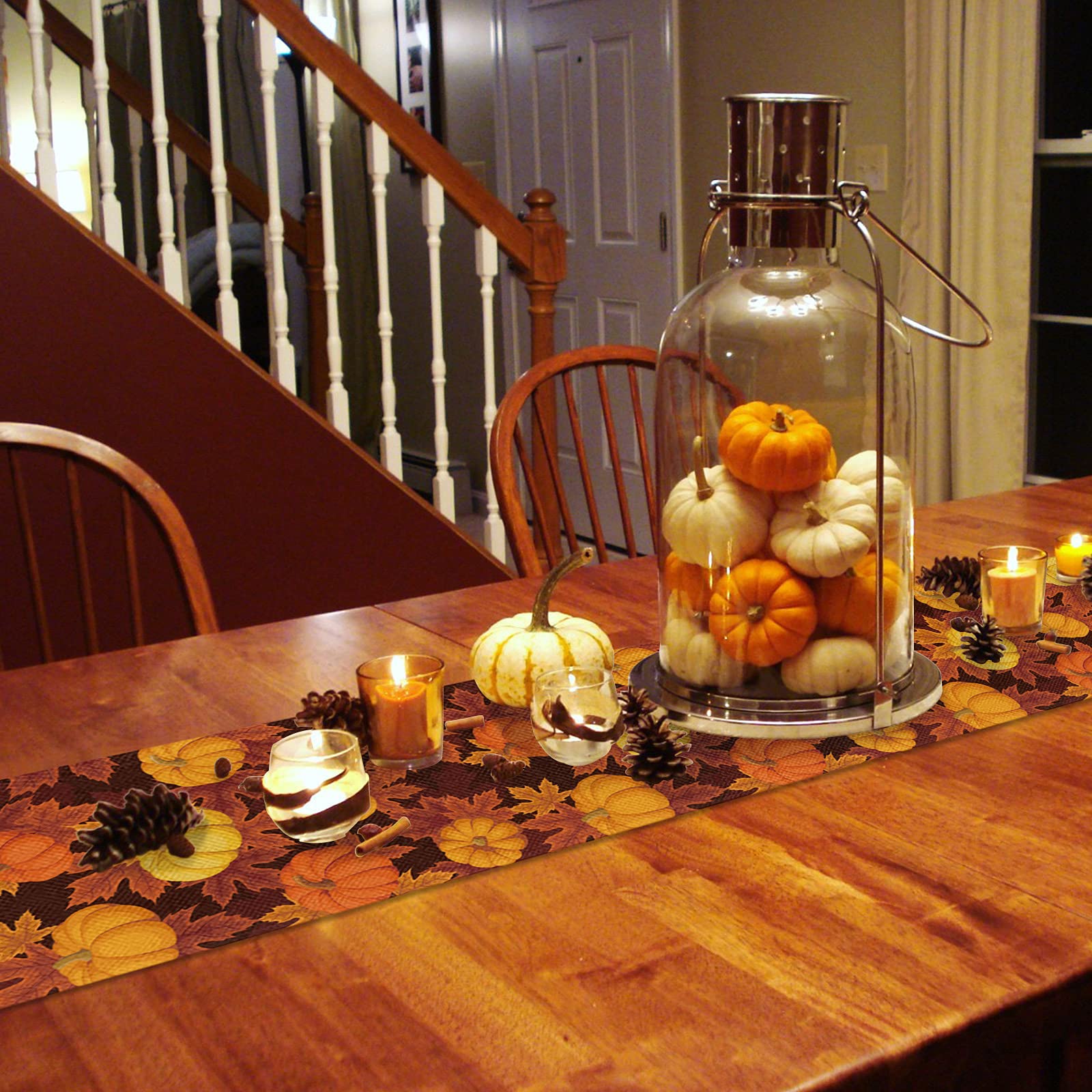 70 Inch Burlap Linen Table Runner - Fall Thanksgiving Decor with Pumpkin Maple Design, Farmhouse Kitchen Dining Table Cover for Autumn, Coffee Table, Wedding & Banquet Decorations | Perfect for Farmhouse, Rustic Weddings & Holiday Dinner Parties