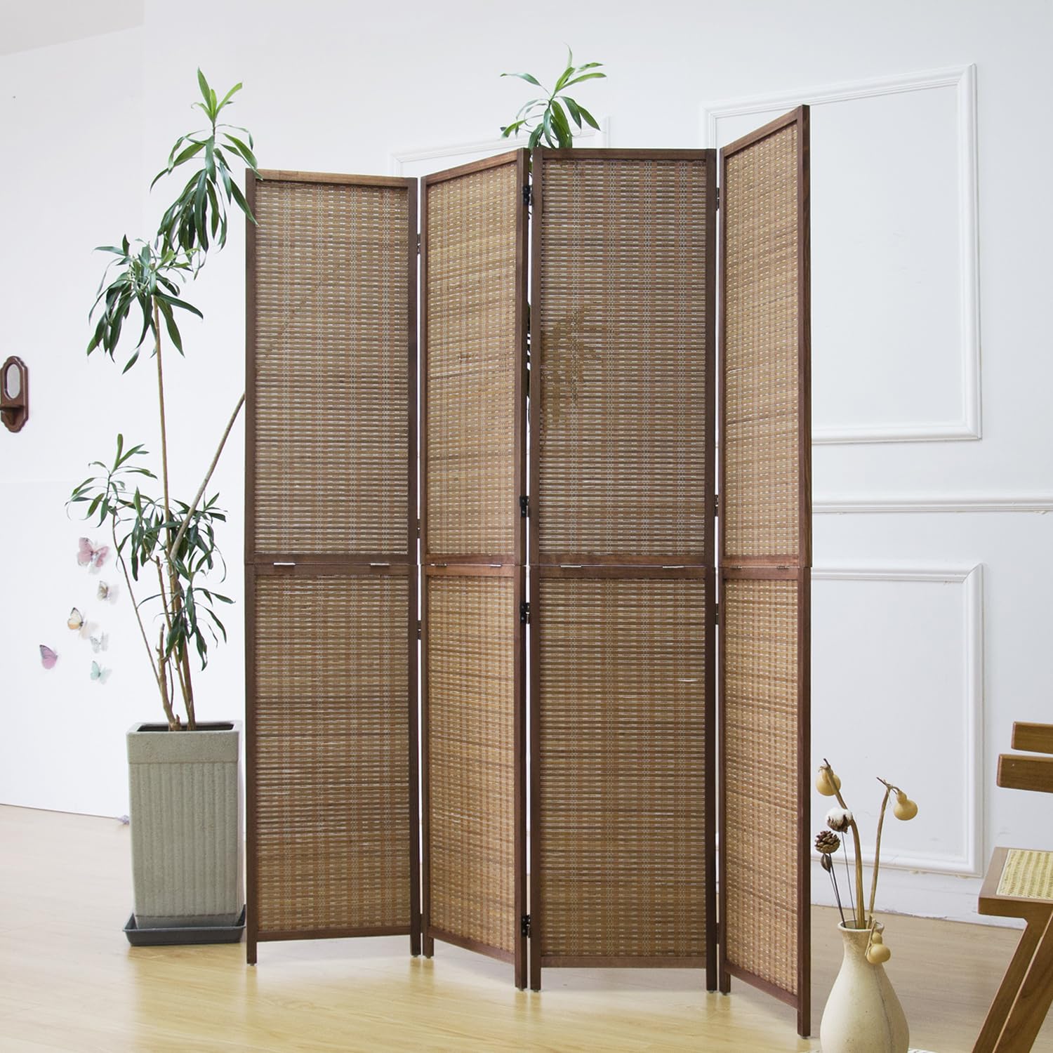 4 Panel Bamboo Room Divider - Foldable & Detachable Folding Screen for Home & Office (67