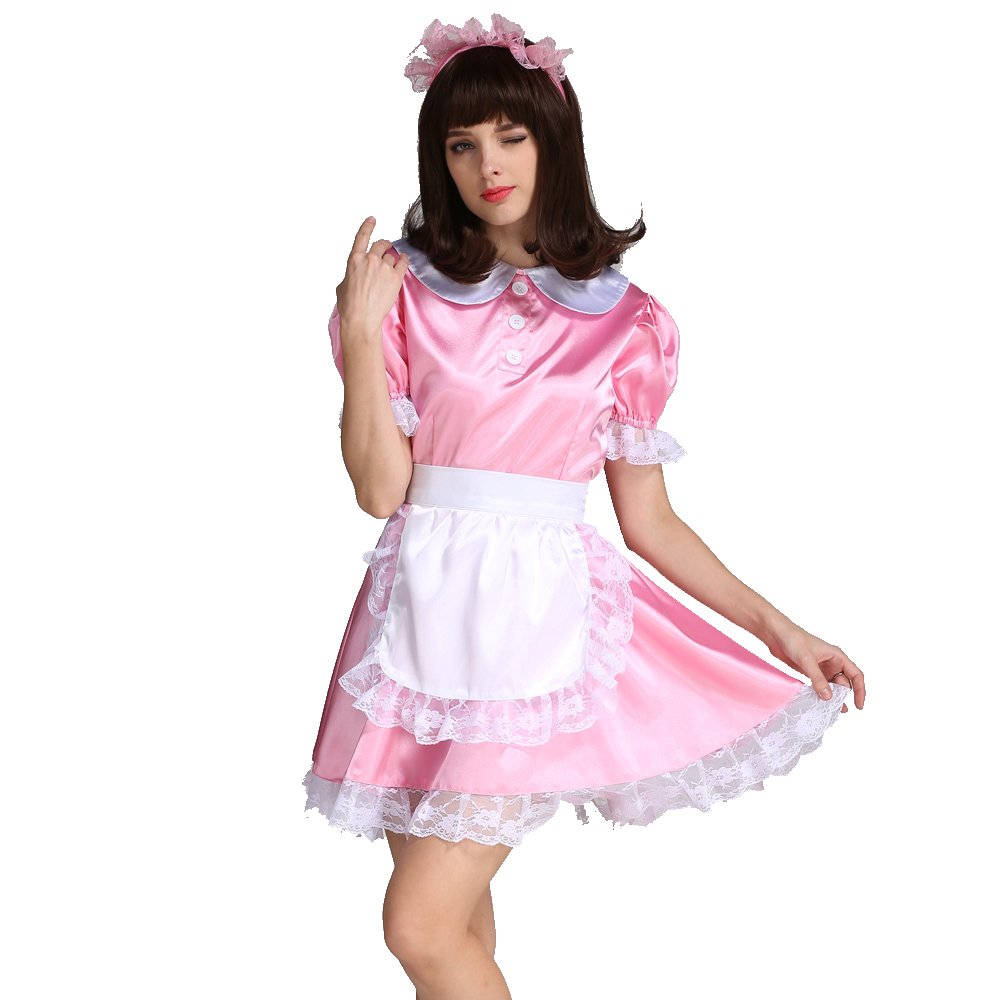 Sexy Pink Satin French Maid Costume for Women - Halloween Cosplay, Role Play, Crossdressing & Party Outfit