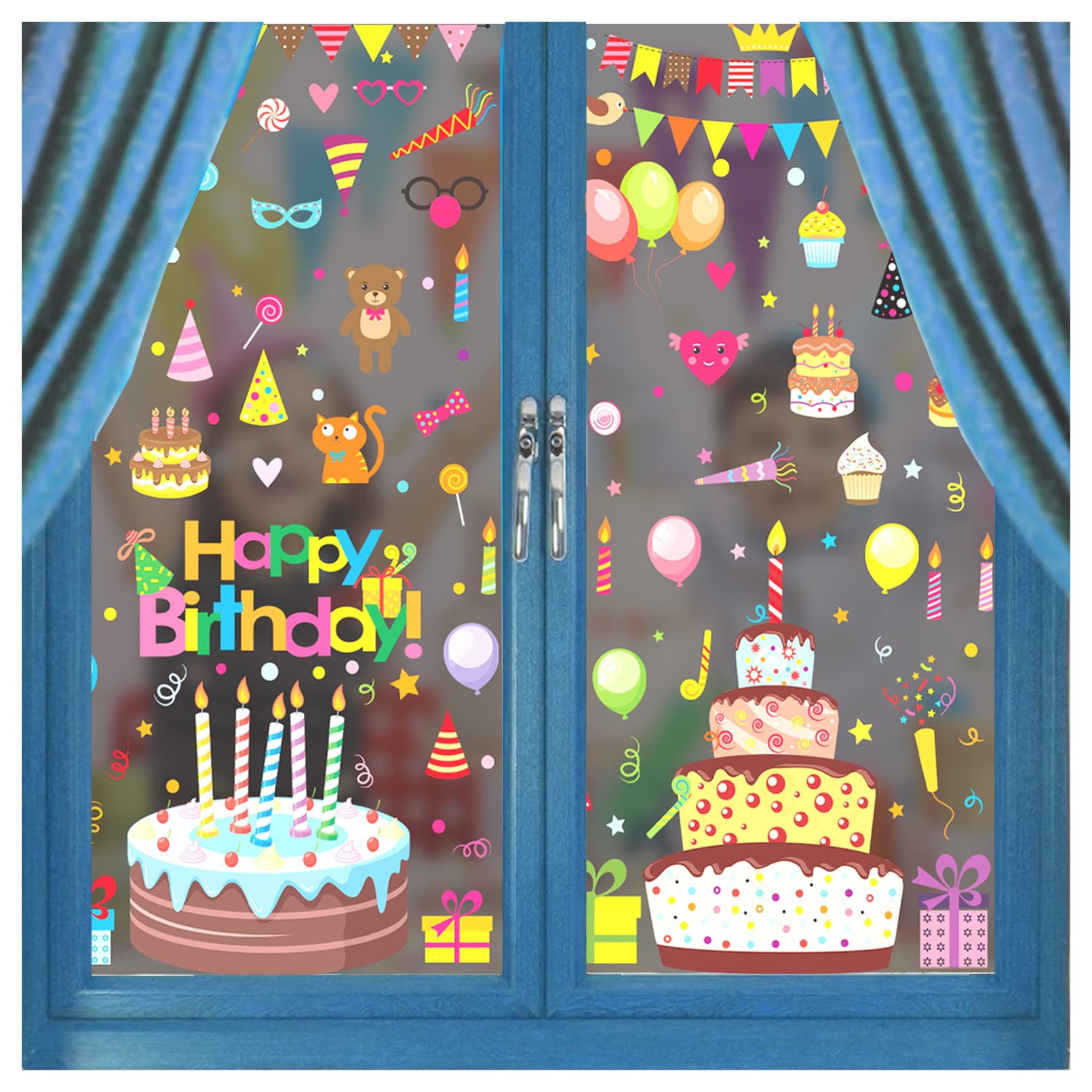 131Pcs Happy Birthday Window Clings - Birthday Party Decorations Stickers Set with Letters, Cake, Balloons & Banner - Unique 2024 Window Decals for Birthday Celebrations, Home & Office Party Decor