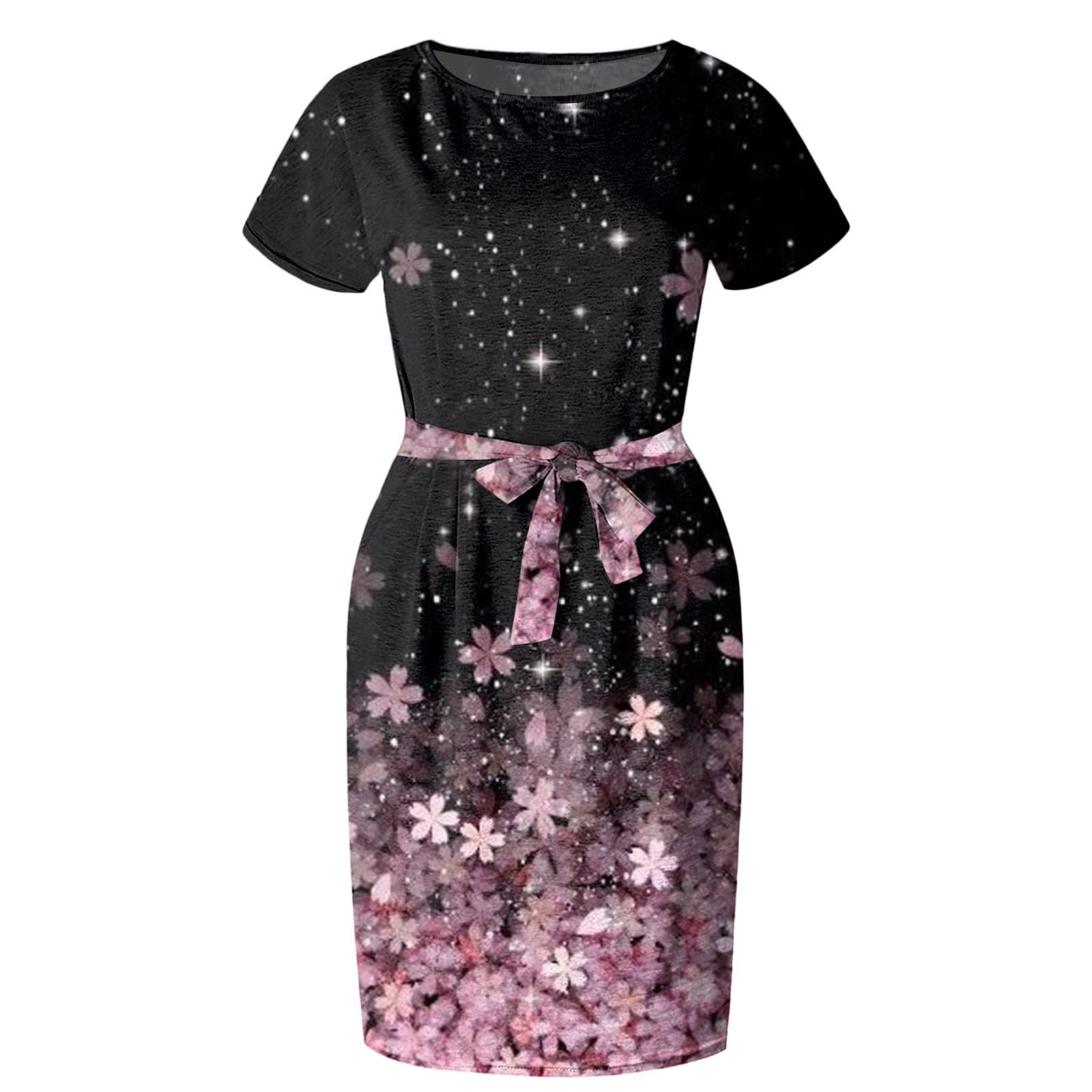 Women's Summer Floral Mini Dress - Casual Short Sleeve Lace-Up Sunflower Dress with Pockets | Slimming Fit Crew Neck Design | Perfect for Beach Vacations, Date Nights & Summer Outings (Black, Size S)