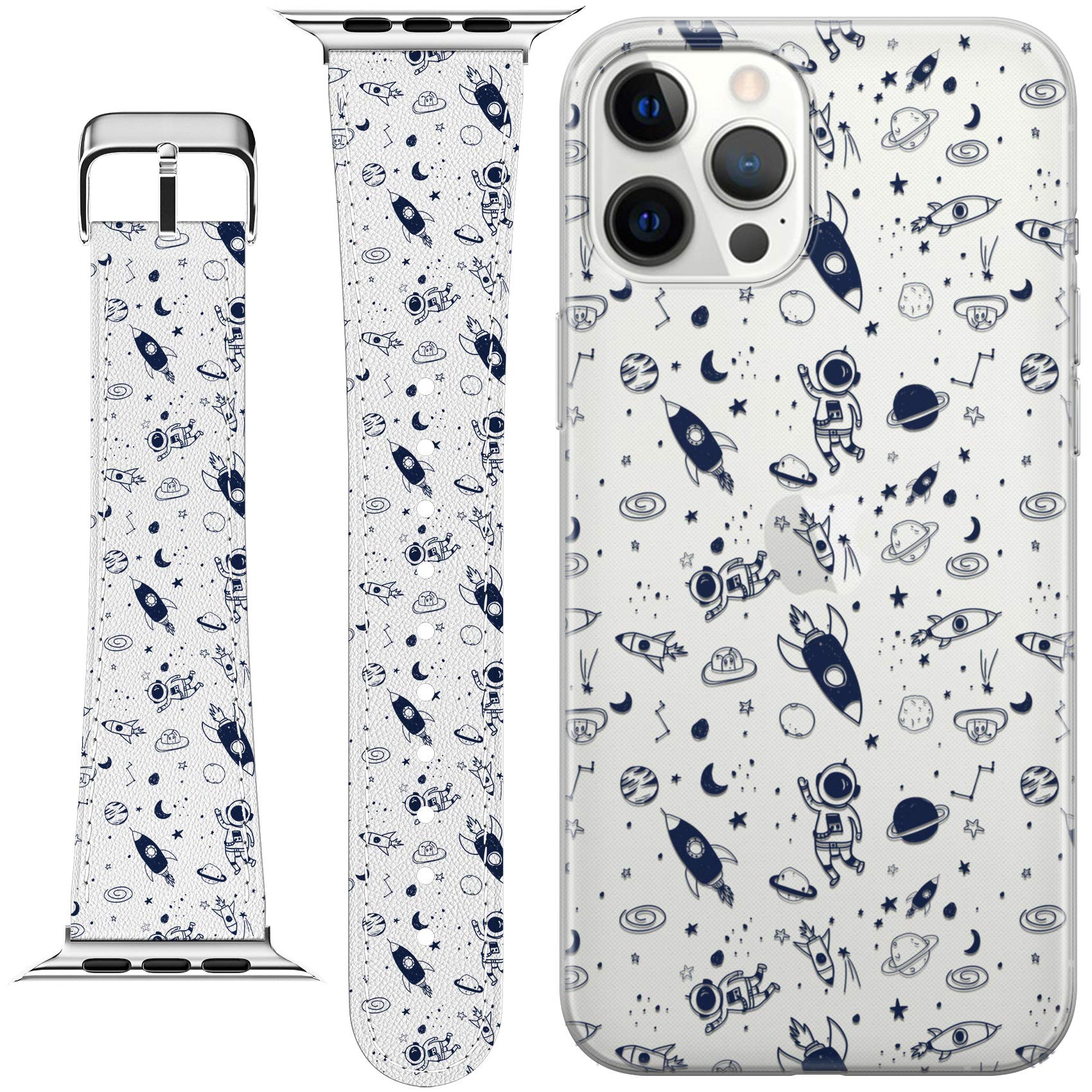 Premium PU Leather Wrist Band Compatible with Apple Watch Series 7/6/5/4/3/2/1/SE (38-40-41-42-44-45mm) - Stylish Galaxy Rockets Astronaut Print Bracelet Strap with Matching Phone Case | Perfect for Space Enthusiasts, Fashion Accessories & Everyday Wear