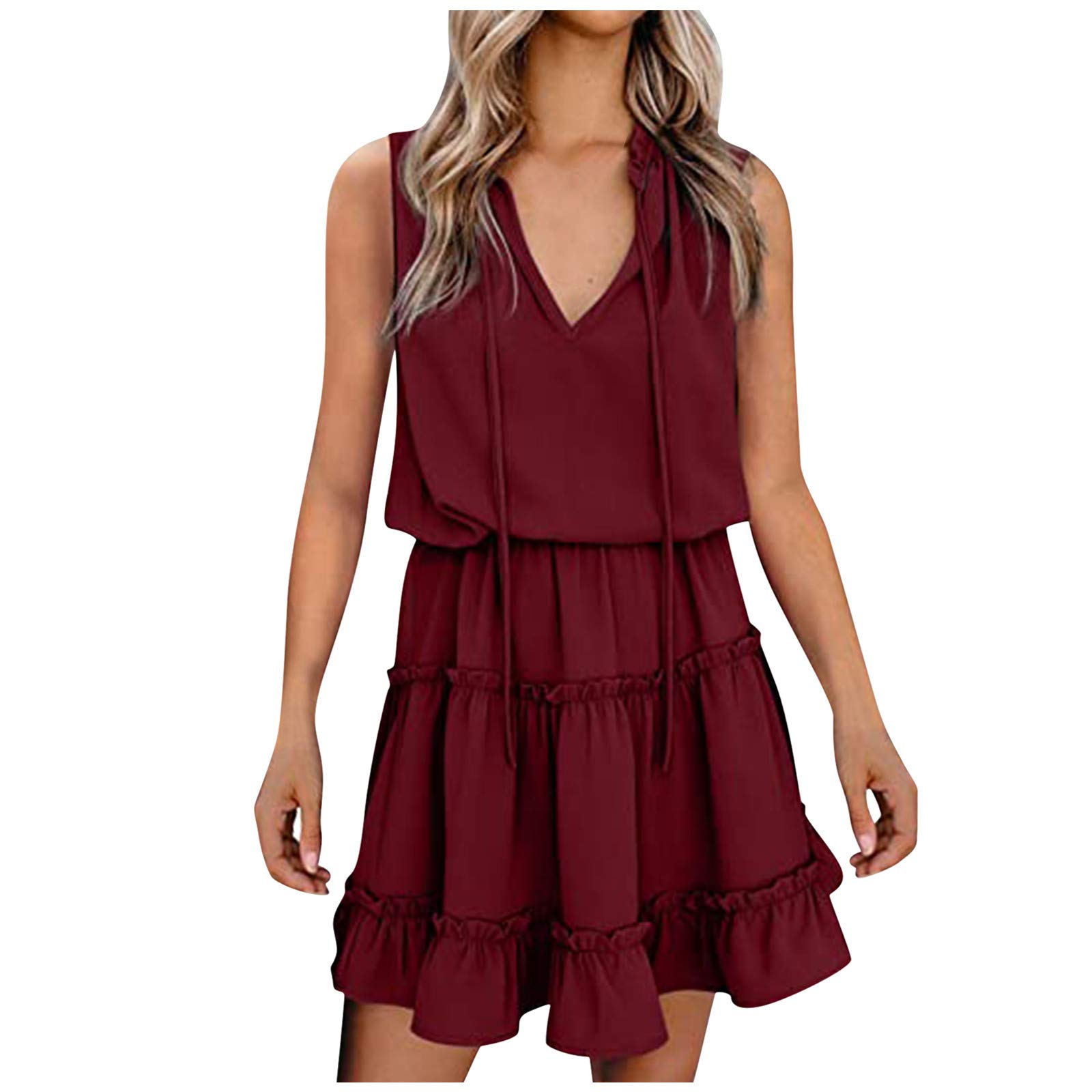 Women's Sleeveless V-Neck Pleated Midi Dress - Summer Beach Casual Solid Color Skirt Dress | Perfect for Vacations, Date Nights & Outdoor Events