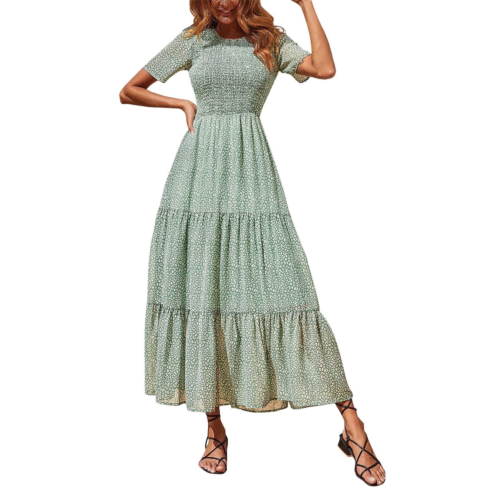 Women's Summer Casual Midi Dress - Smocked Crewneck, Flutter Short Sleeve, Boho Tiered Maxi Dress for Beach, Vacation & Everyday Wear | Midi Length Flowy Dresses for Women