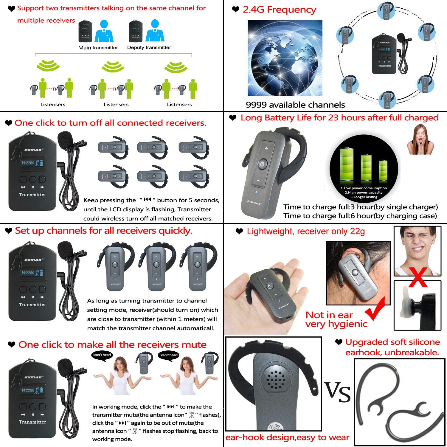 EXMAX EXD-6688 2.4GHz Wireless Tour Guide Headset System - Dual Transmitter Church Translation Device for Field Trips & Training (60 Receivers + Silver Storage Case) - Perfect for Guided Tours, Museum Visits & Educational Events