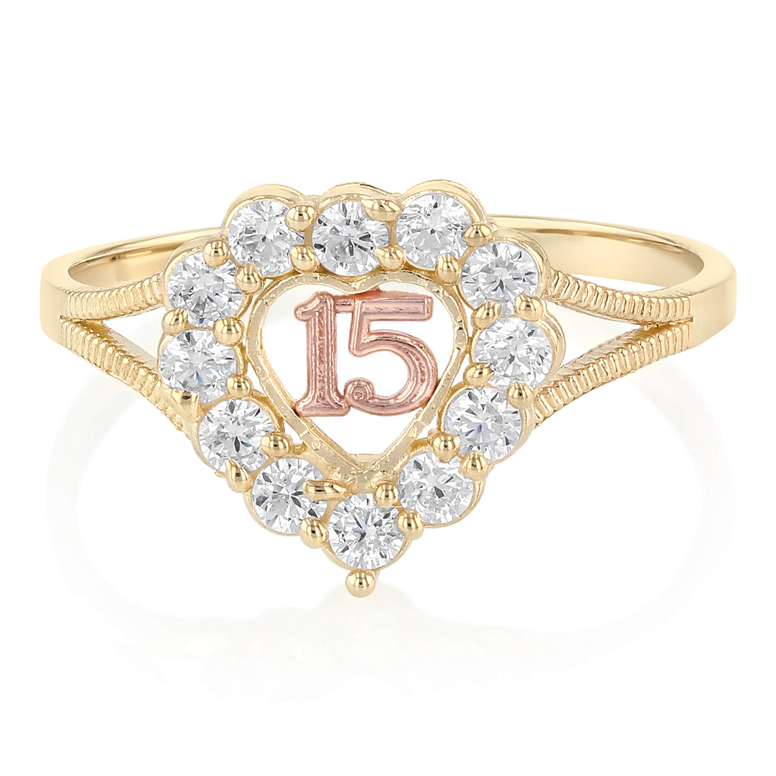 14K Solid Tri-Color Gold Sweet 15 Anos Birthday Ring - Heart Cut Cubic Zirconia Quinceanera Jewelry for 15th Birthday Celebration & Special Occasions