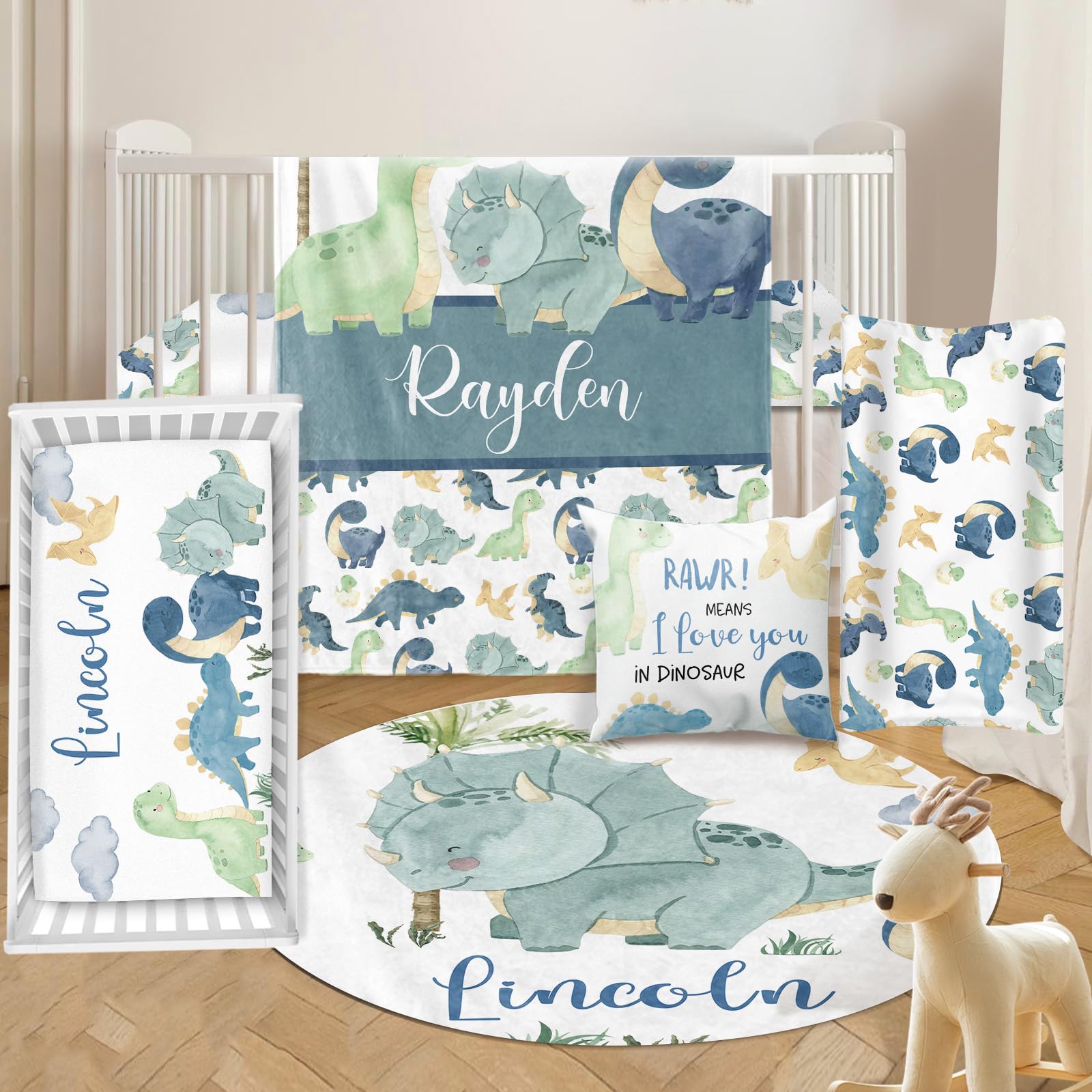 Personalized 5-Piece Baby Crib Bedding Set with Custom Name - Dinosaur World Theme for Boys & Girls | Soft Nursery Bedding for Infants & Toddlers | Perfect Baby Shower Gift & Nursery Decor