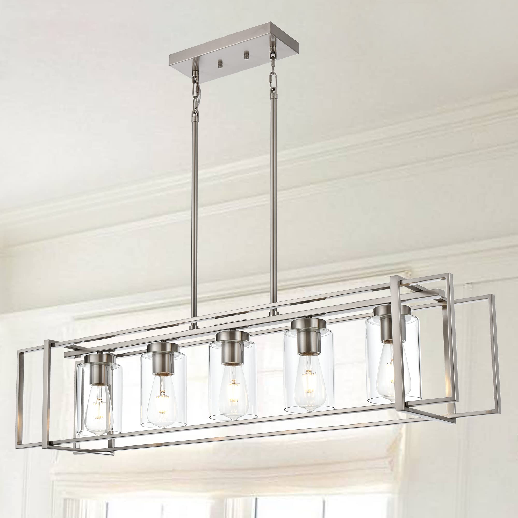 MELUCEE 5-Light Brushed Nickel Rectangular Pendant Light with Clear Glass Shade - Adjustable Height Kitchen Island Lighting & Dining Room Chandelier - Perfect for Modern Farmhouse, Industrial & Contemporary Home Decor
