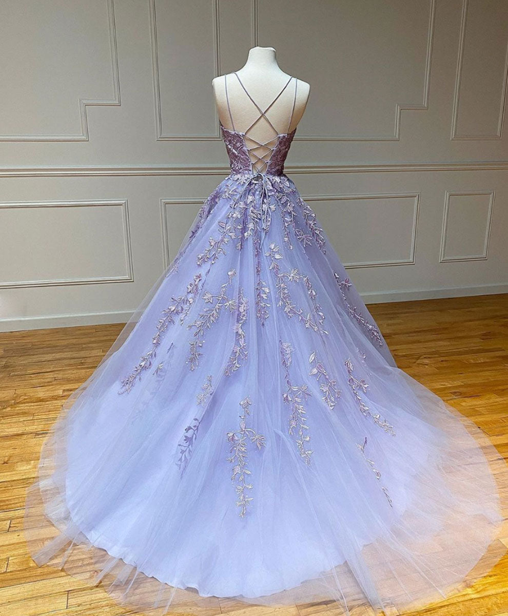 Elegant Purple Tulle Lace Long Prom Dress with Floral Embroidery - Formal Evening Gown for Graduation, Homecoming & Special Occasions - Perfect for Prom Night, Wedding Guest & Ballroom Events