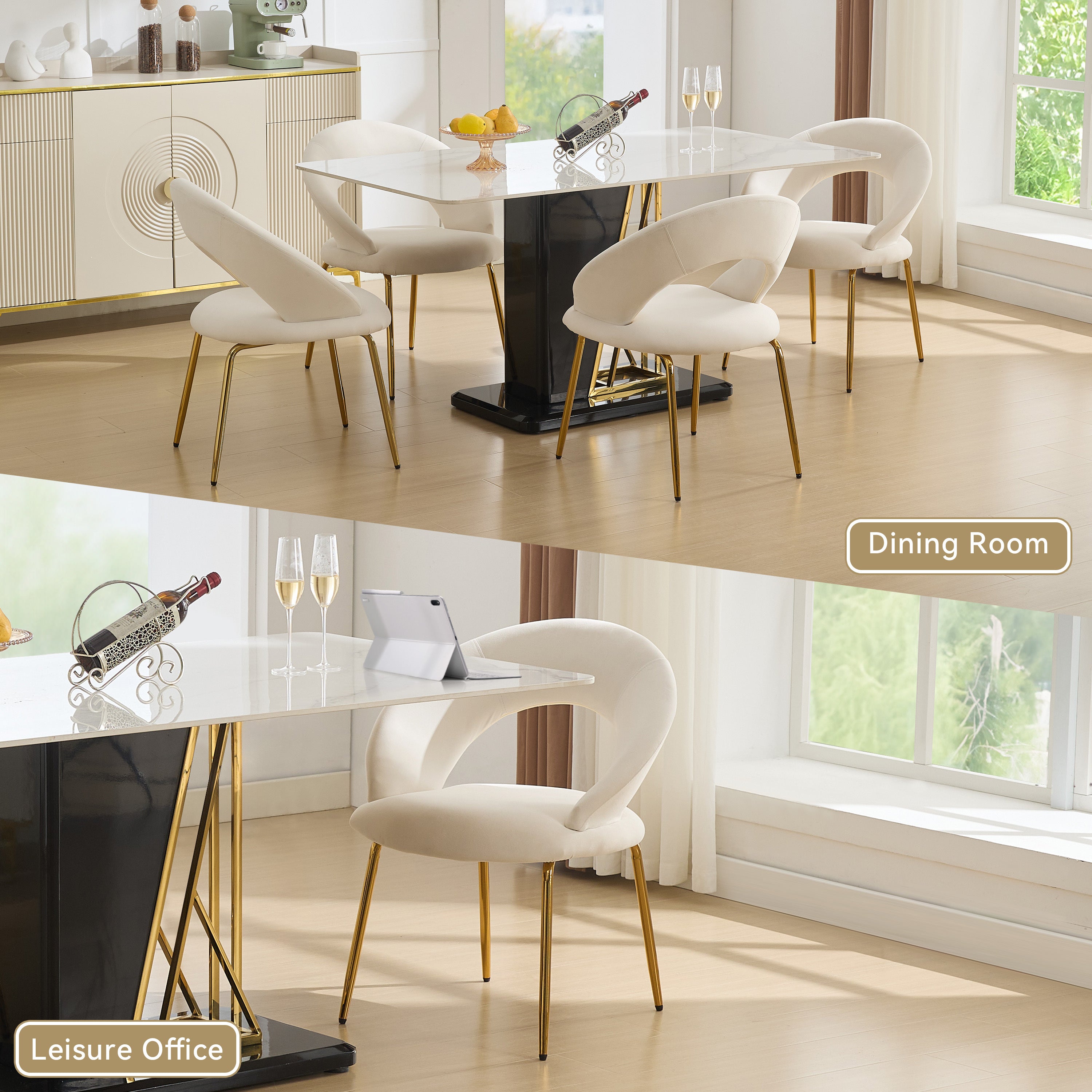 Velvet Dining Chairs Set of 1 - Curved Backrest with Golden Metal Legs for Kitchen & Dining Room - White - Perfect for Modern Home Decor & Entertaining Guests