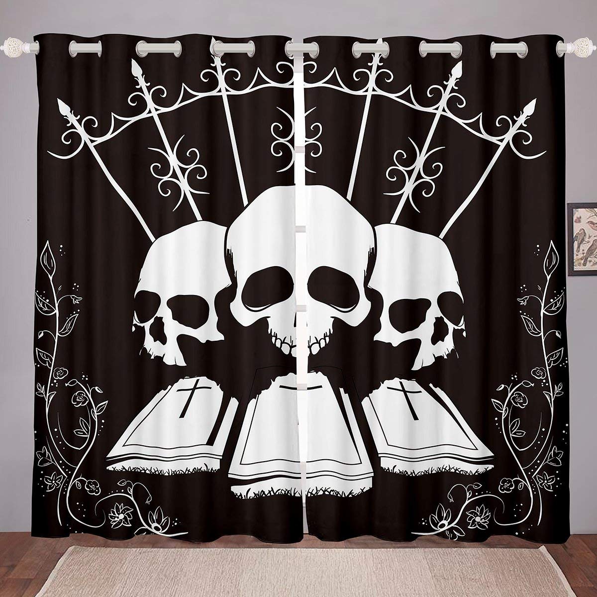 Erosebridal Gothic Skull Curtains - Halloween Window Drapes with White Skeleton & Floral Design - Black 104x96 Inch Scary Window Panels for Living Room, Bedroom - Perfect for Halloween Decor, Gothic Home Decor, Horror Theme Parties & Dark Aesthetic Room Makeover