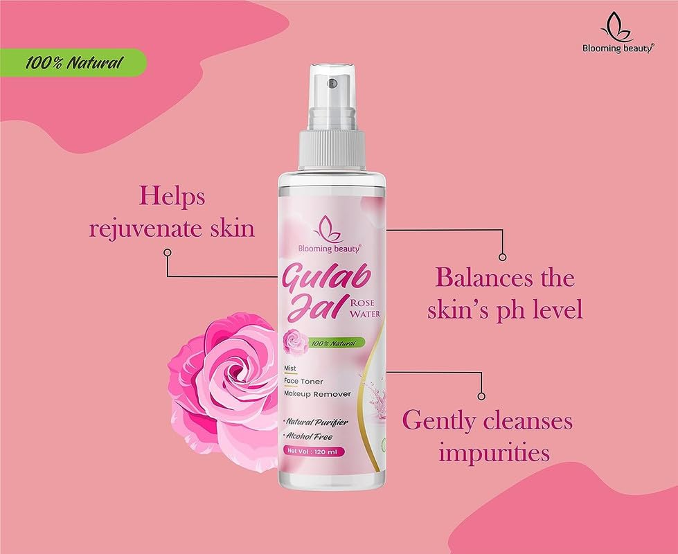 Pure & Natural Rose Water Spray for Face & Skin | Blooming Beauty Rose Petals Gulab Jal | Hydrating & Refreshing Facial Mist for Women (120ml, Pack of 4) – Perfect for Skincare Routine, Makeup Setting & Summer Refreshment