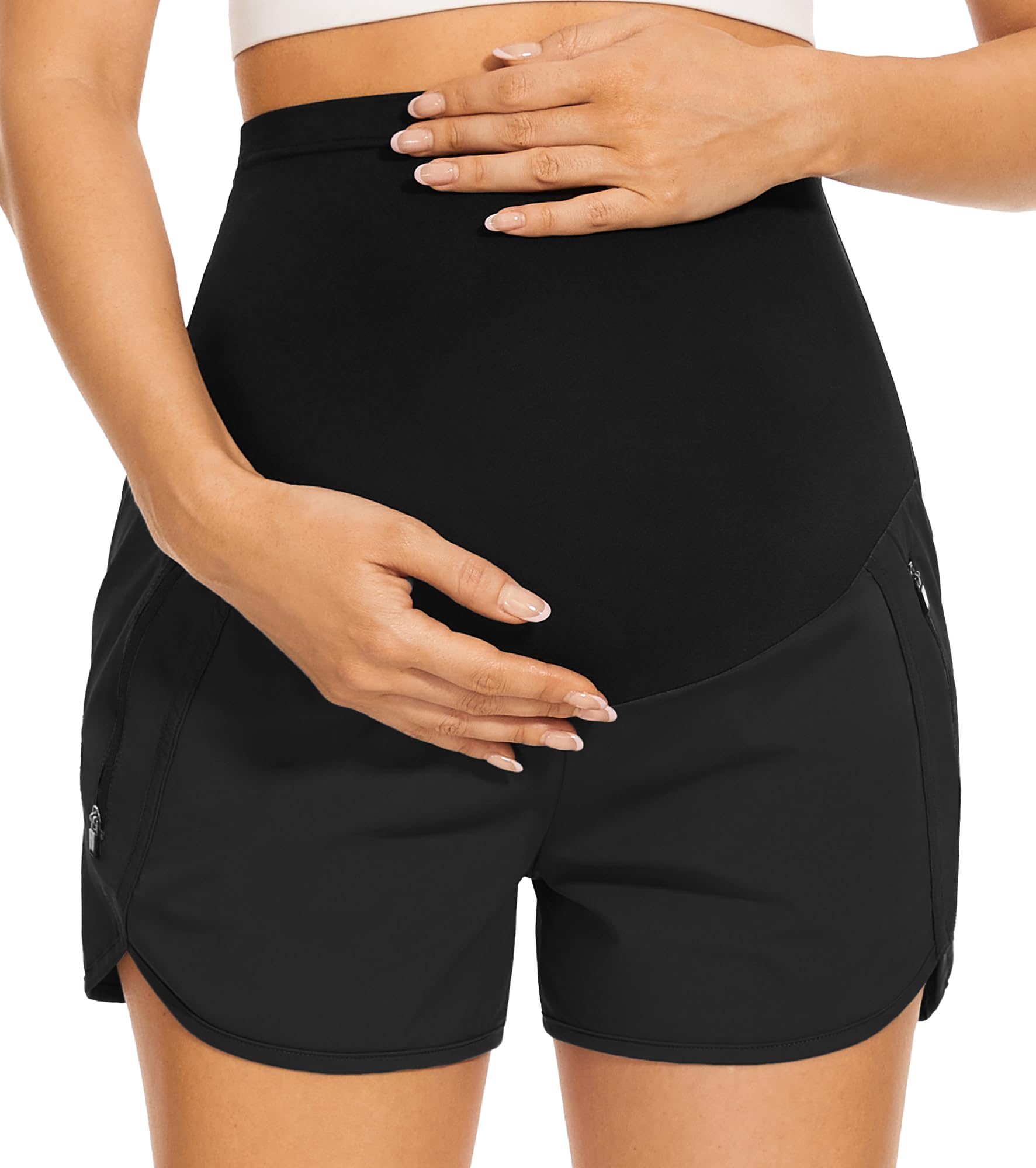 PACBREEZE Women's Maternity Shorts - Over Belly Quick Dry Workout Running Shorts with Zipper Pockets - Perfect for Pregnancy Yoga, Gym & Summer Outdoor Activities