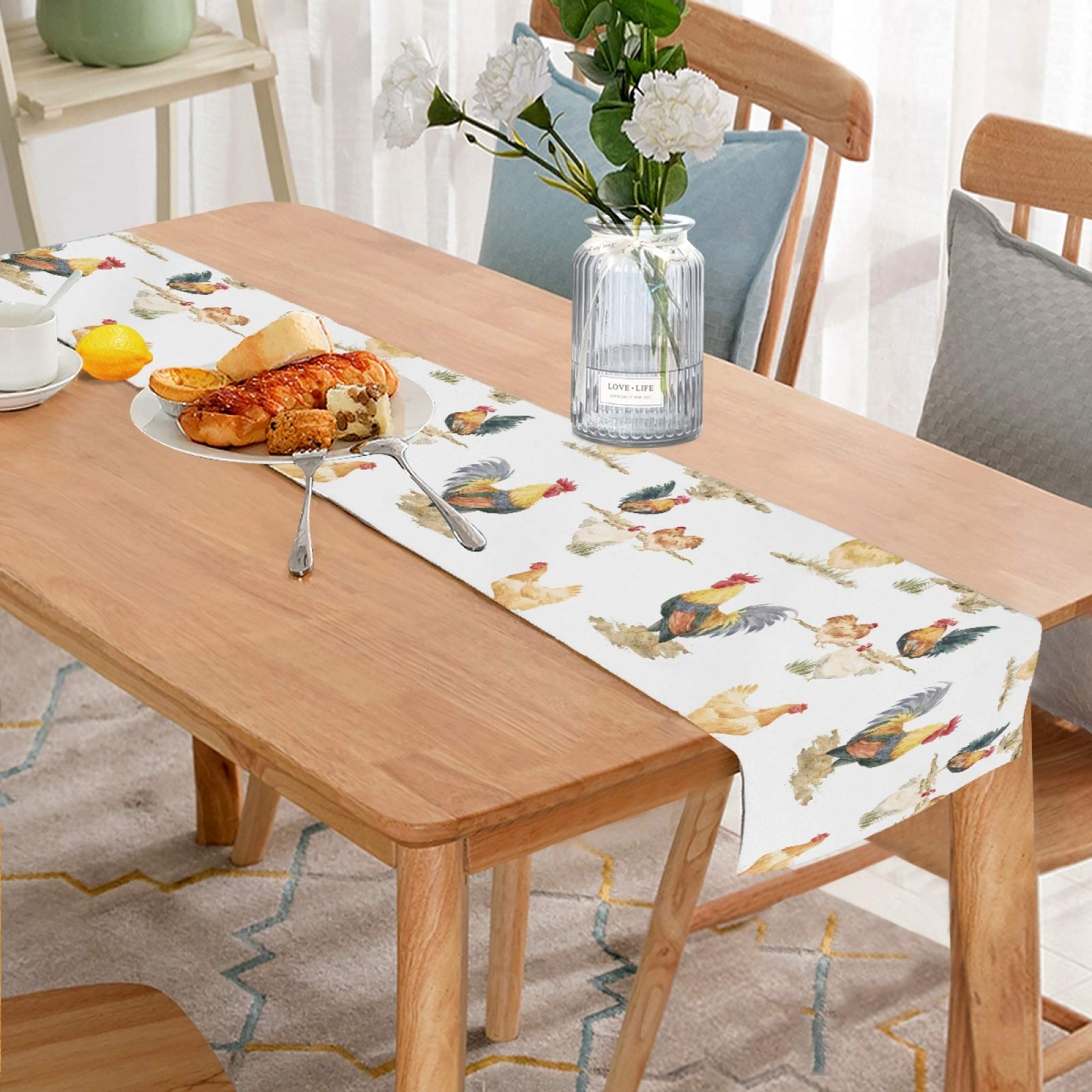Double Sided Chicken Rooster Hen Table Runner - 13x70 Inch Washable Polyester Tablecloth for Farmhouse Kitchen, Dining Room Decor, Country Themed Parties & Holiday Gatherings