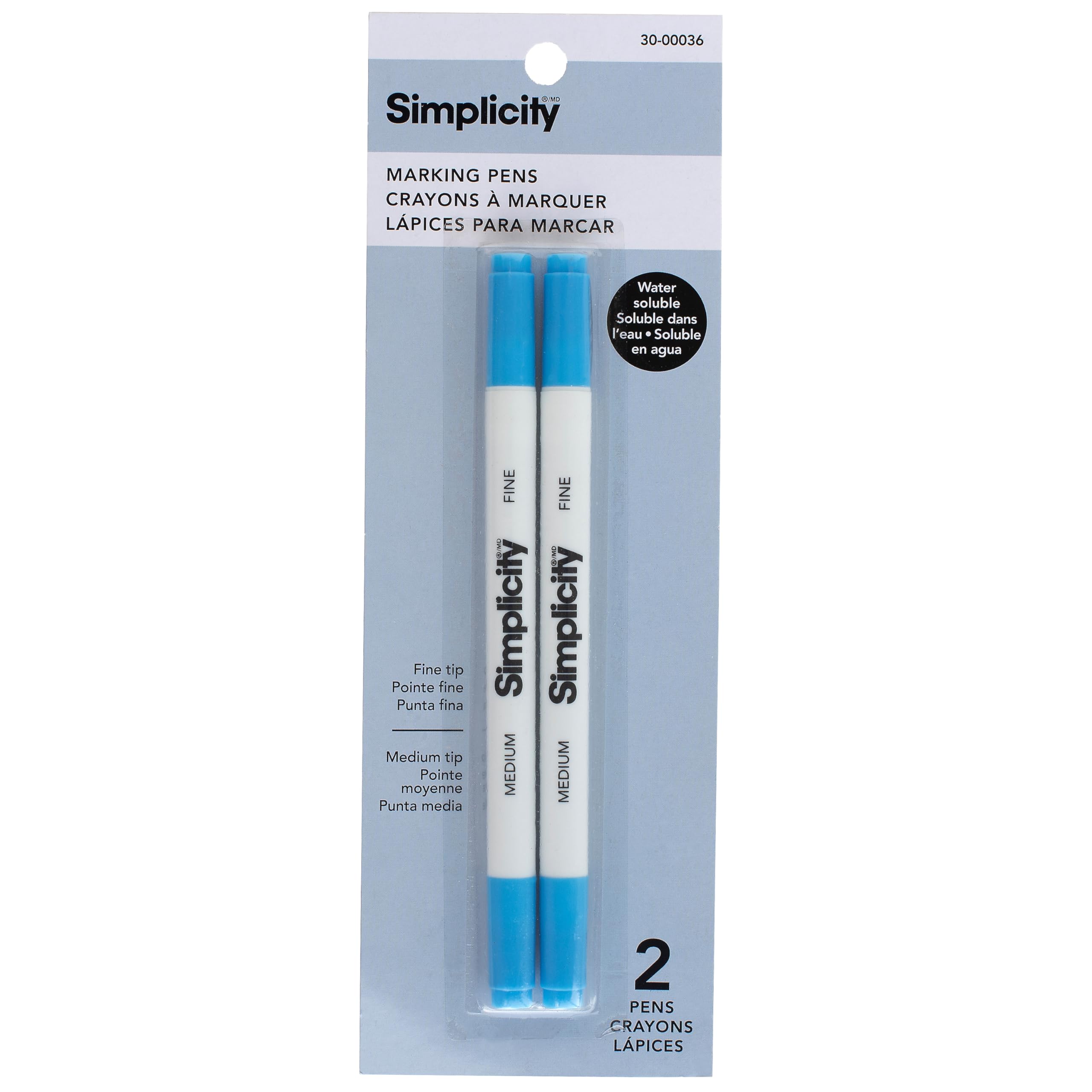 Simplicity 30-00036 Water Soluble Marking Pens - Fine & Medium Tips, Blue Ink (2-Pack) - Perfect for Fabric Marking, Quilting & Sewing Projects