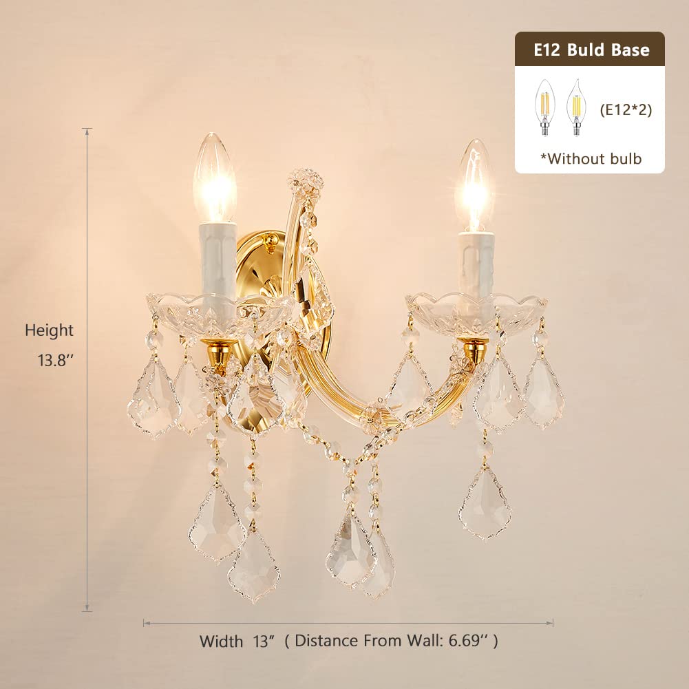 Crystal Wall Sconce Lights - Modern 2-Light Maria Theresa Style Gold Wall Lamp Fixture for Bedroom, Living Room, Hallway | Elegant Lighting for Home Decor, Bedside Reading & Corridor Ambiance