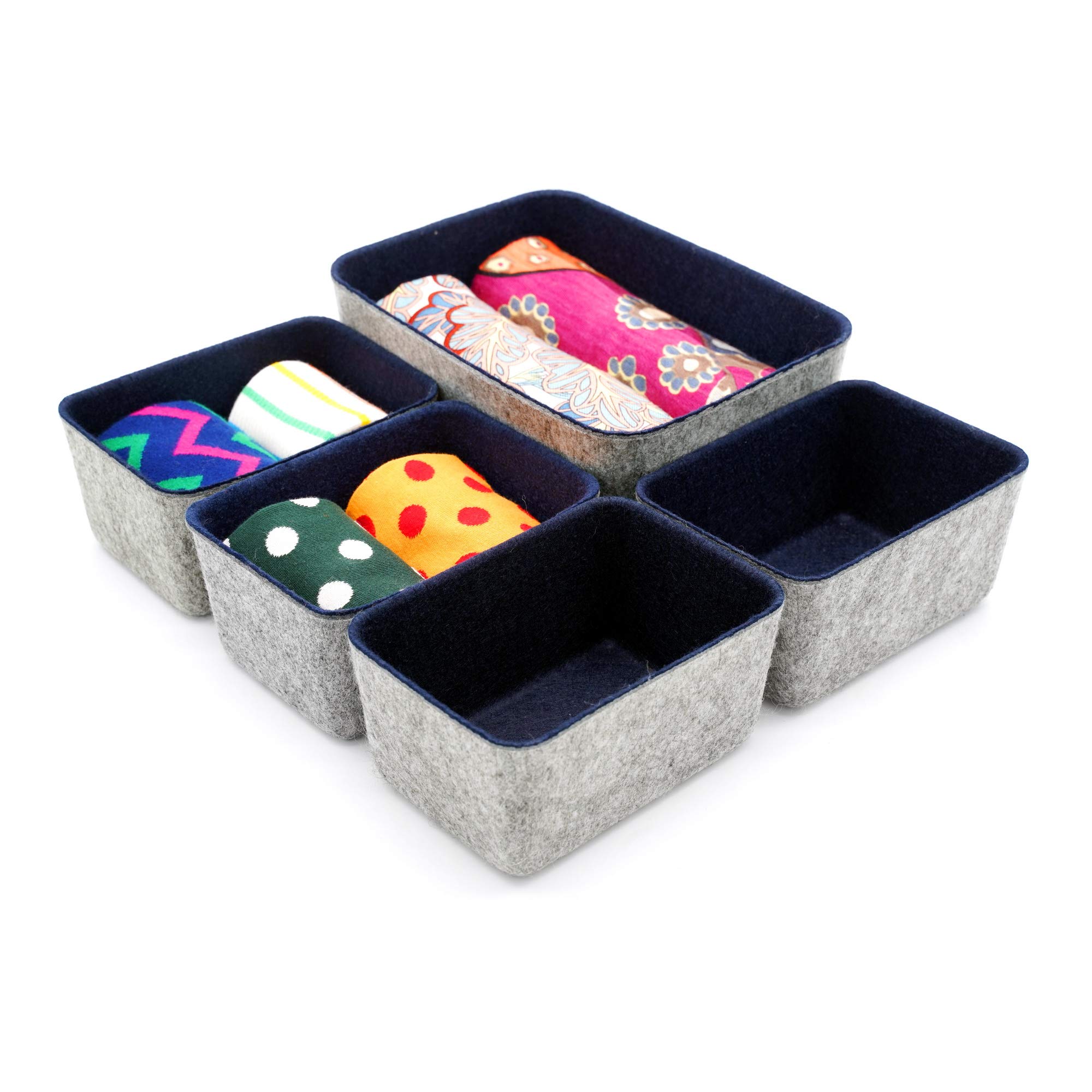 Welaxy Office Drawer Organizers - 5 Pack Deep Felt Storage Bins & Drawer Dividers for Desk, Home, or Office Organization (Navy Blue) - Perfect for Organizing Pens, Paper Clips, and Office Supplies