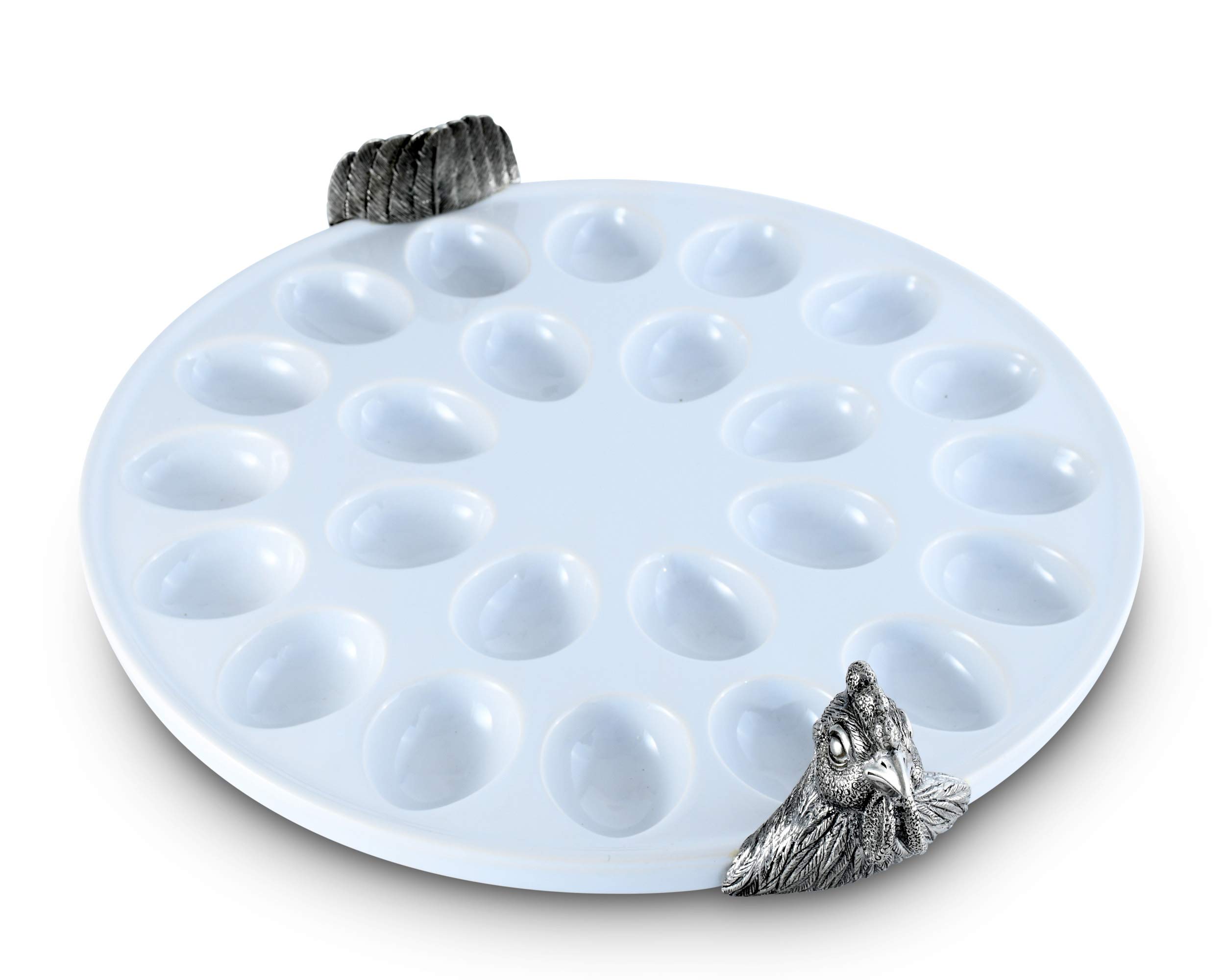 Vagabond House Pewter Chicken Deviled Egg Stoneware Tray - 13 Inch Diameter Rustic Farmhouse Serving Dish for Easter, Brunch, and Party Appetizers
