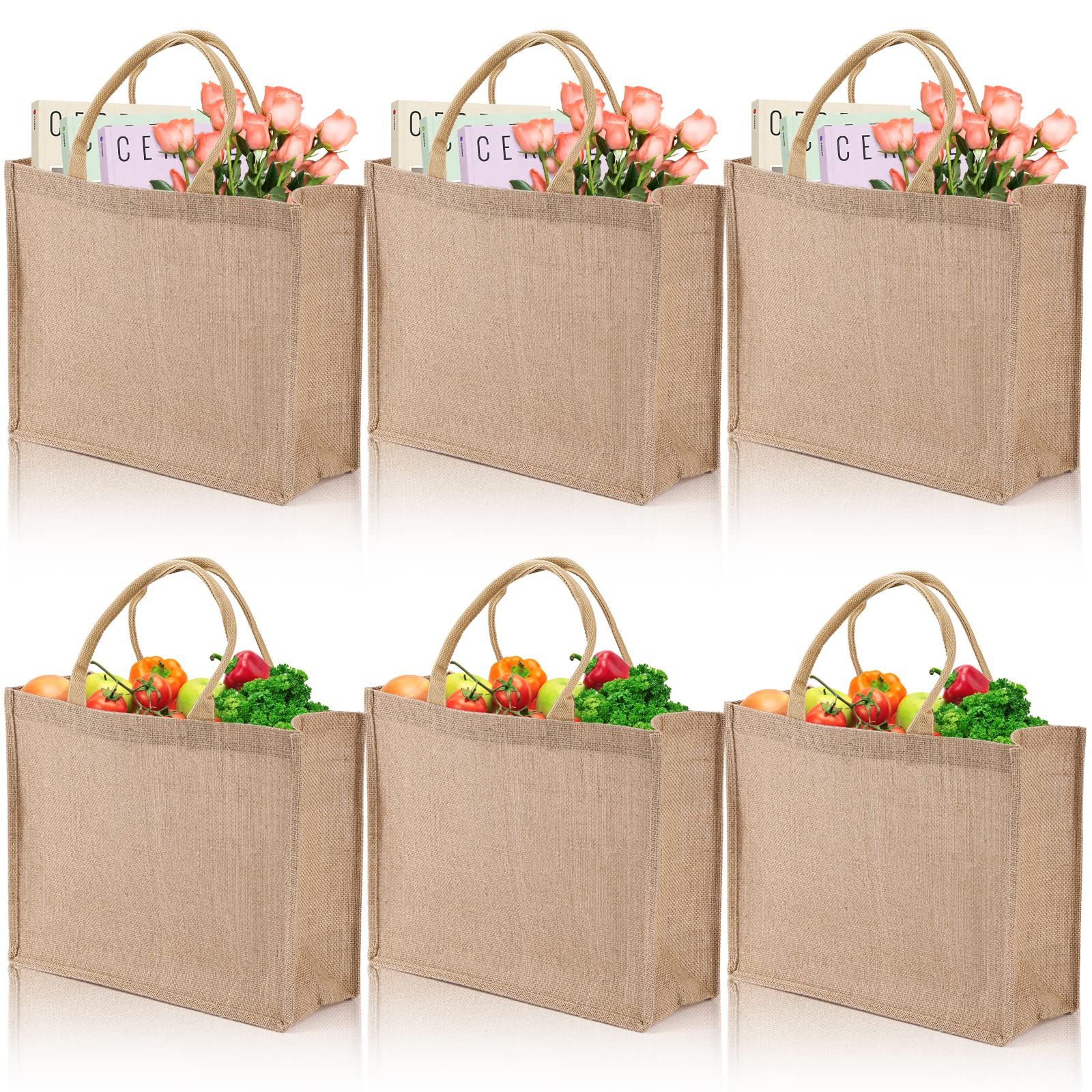 DEAYOU 6 Pack Eco-Friendly Jute Tote Bags - 15.4''x12.2''x5.9'' Natural Burlap Shopping Bags with Sturdy Handles for Groceries, DIY Crafts, Weddings & Beach Outings | Reusable Gift Bags for Sustainable Lifestyle