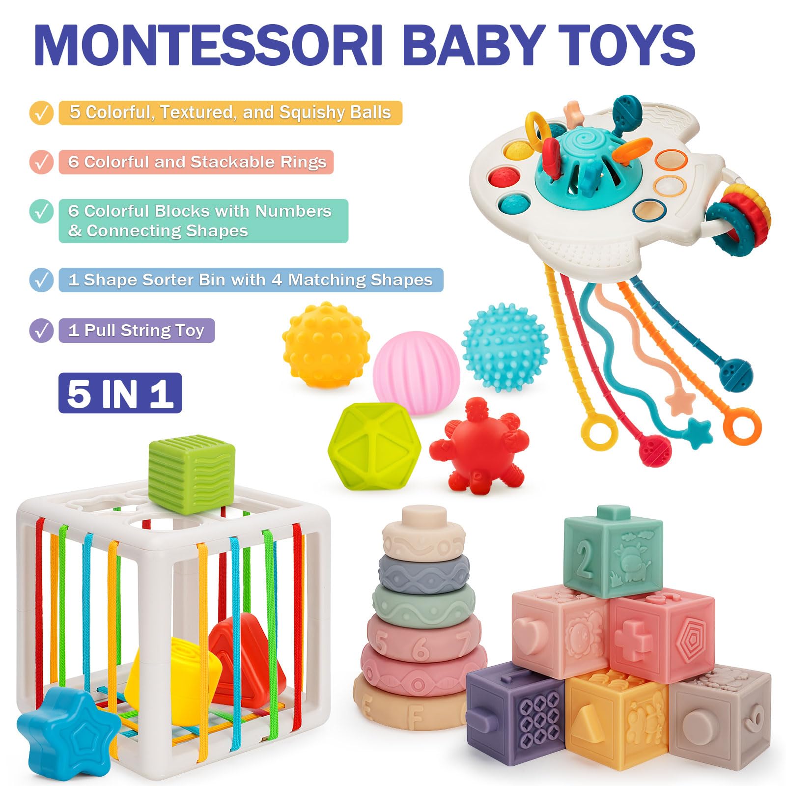Montessori Baby Toys 6-12 Months - 5-in-1 Learning Set for Toddlers | Playtime & Travel Essentials