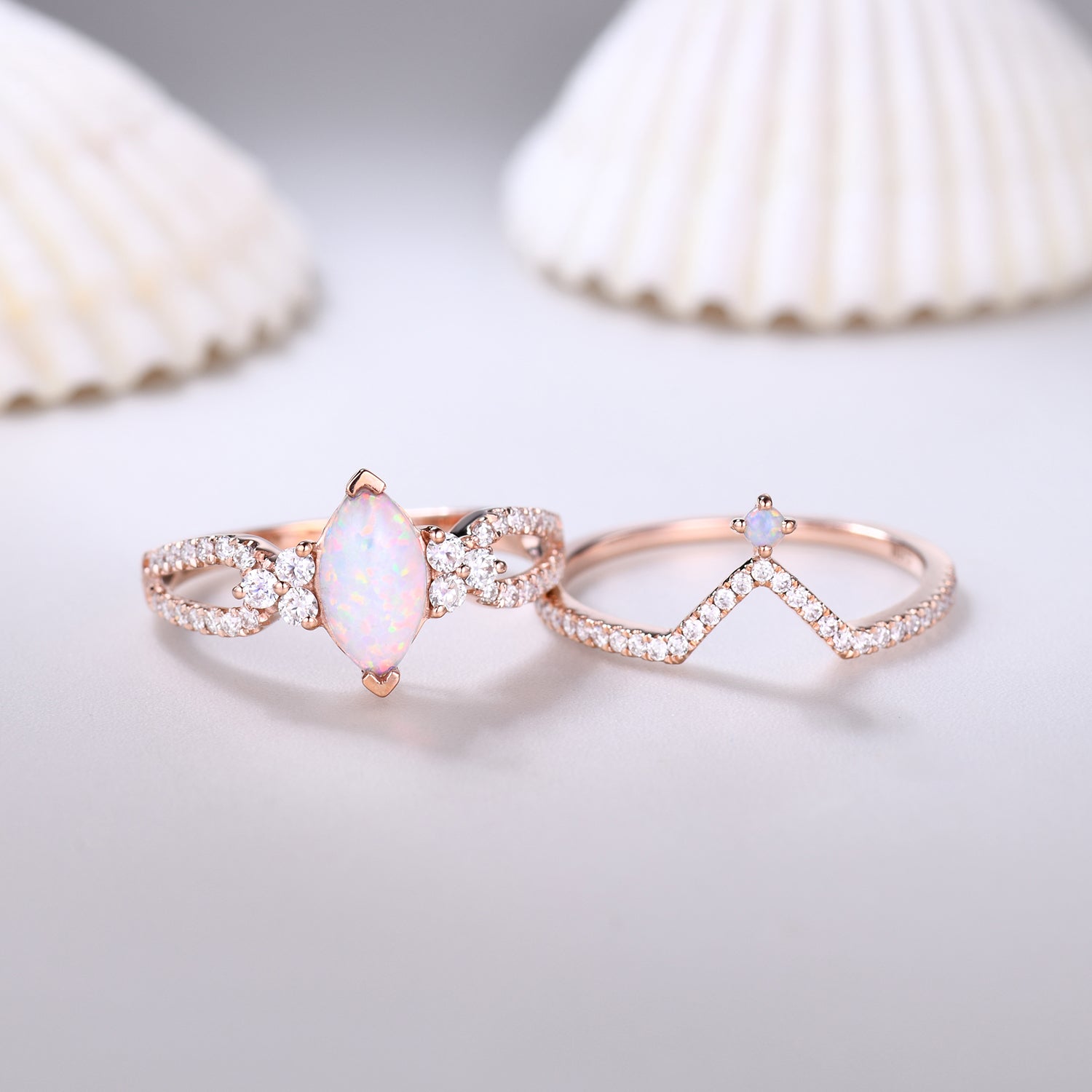 Vintage Marquise Opal Engagement Ring Set - 14K Rose Gold Curved V Moissanite Wedding Band for Women, Unique Vintage Style Jewelry Gift for Brides, Anniversaries & Special Occasions
