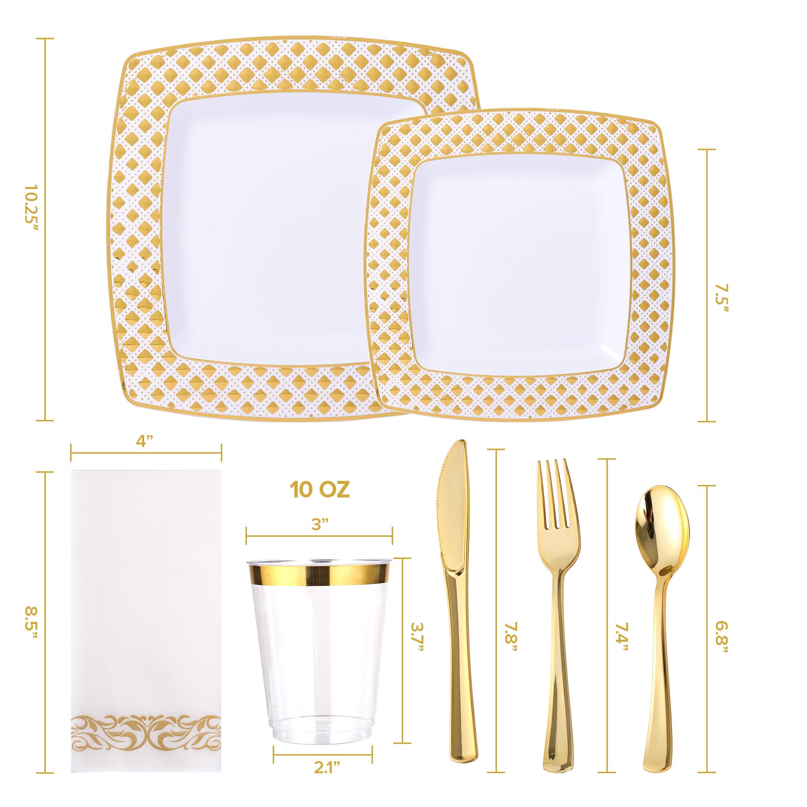 FOCUSLINE 175-Piece Gold Disposable Dinnerware Set for 25 Guests - Elegant Square Plastic Plates with Diamond Design - Includes 25 Dinner Plates, 25 Dessert Plates, 25 Napkins, 25 Cups & 25-Piece Silverware Set - Perfect for Weddings, Parties, Banquets & Special Events