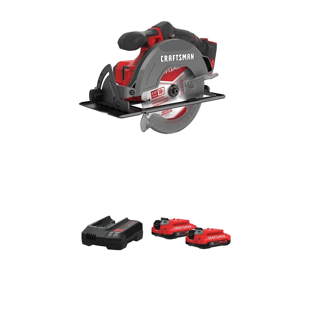 CRAFTSMAN V20 6.5-Inch Cordless Circular Saw with 2.0Ah Battery & Charger Starter Kit (CMCS500B & CMCB202-2CK) - Perfect for DIY Woodworking, Home Renovation, and Professional Construction Projects