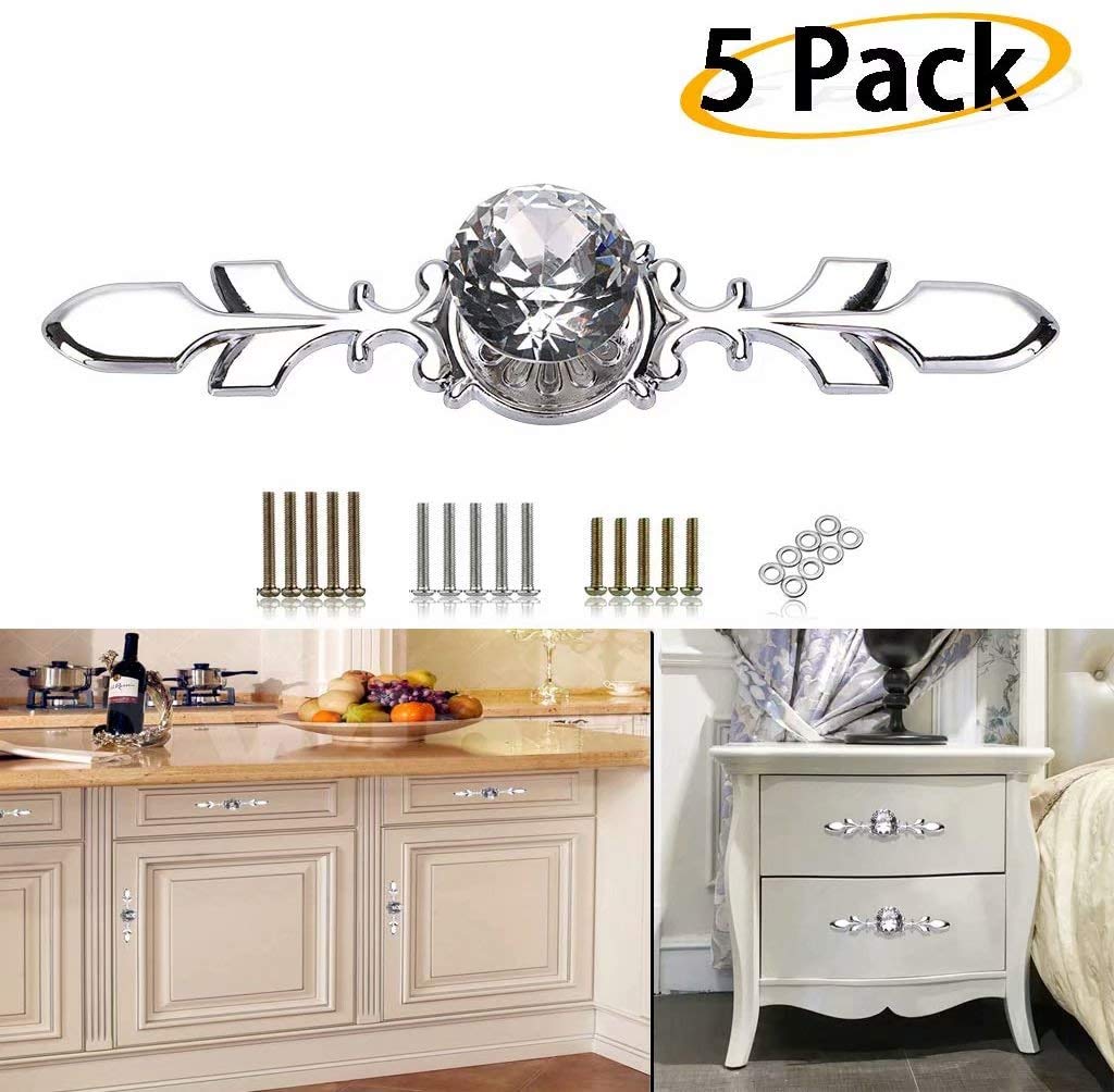 5pcs Crystal Drawer Knobs - Diamond Glass Pull Handles for Kitchen, Bathroom & Office Cabinets