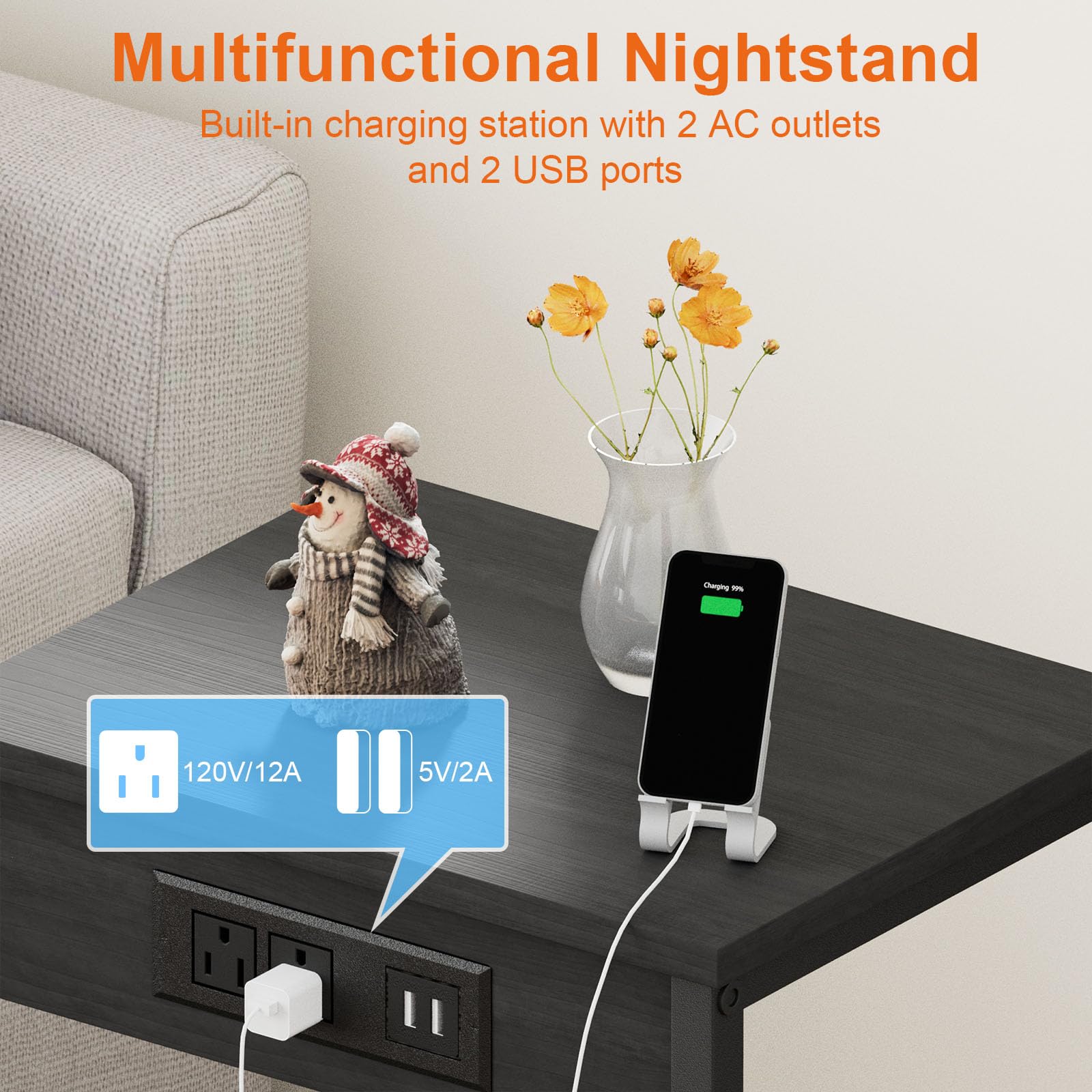 Fixwal Nightstand Set of 2 with USB Charging Station & Power Outlets - Modern Narrow Bedside Tables for Bedroom, Living Room, Farmhouse - Perfect for Phone Charging, Reading Lamps & Small Storage (Black)