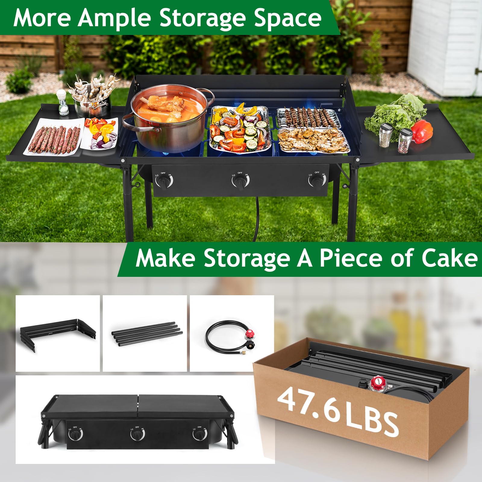 Outvita 3 Burner Propane Gas Stove - 225,000 BTU Outdoor Camping Cooker with Windscreen & Side Shelves - Perfect for Backyard BBQ, Turkey Frying, Baking & Picnics