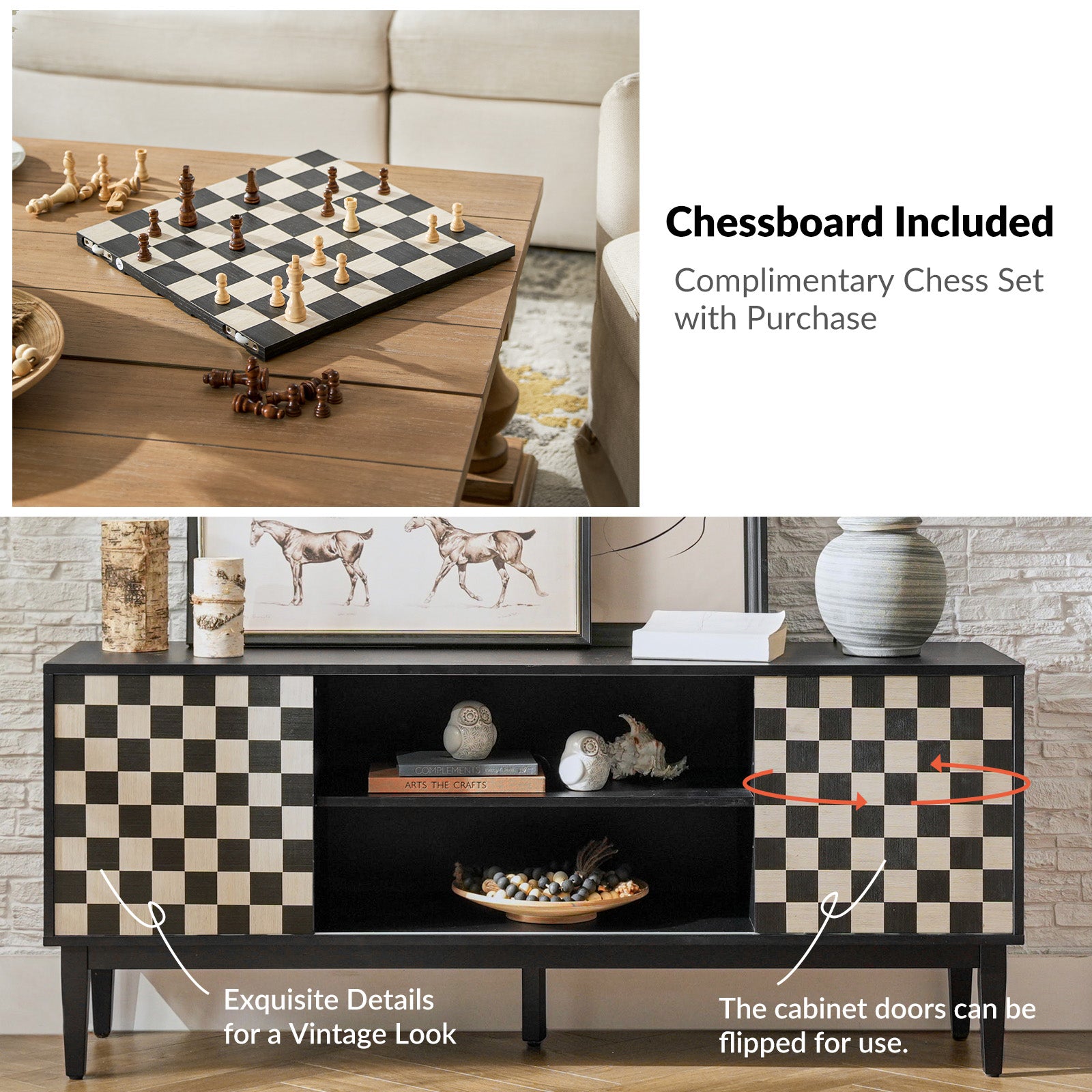 Regal 58-Inch Wide TV Stand with Reversible Checkered Game Board - Modern Entertainment Center for Living Room, Game Nights & Family Gatherings