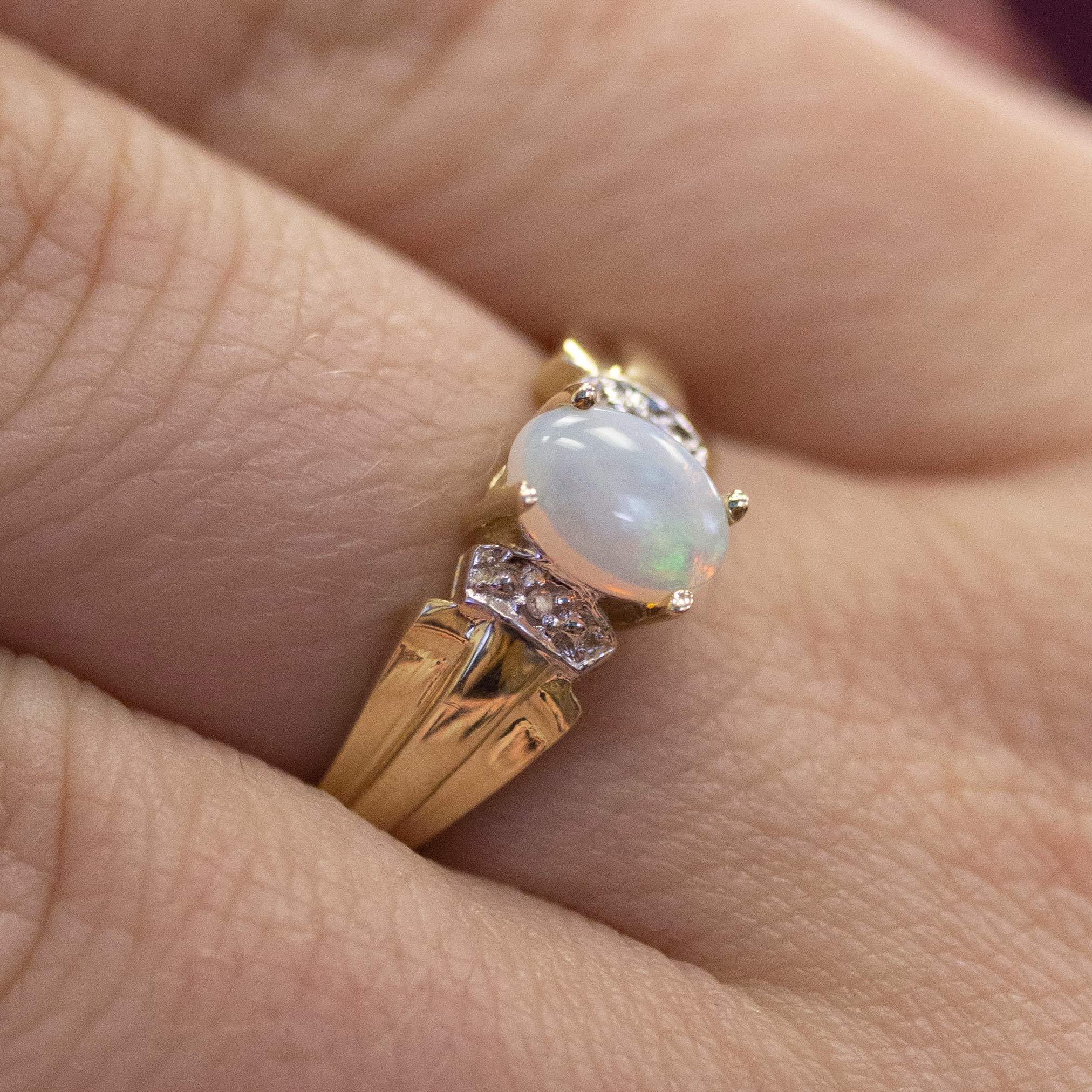 14K Yellow Gold Oval Opal and Diamond Ring for Women - Elegant Vintage Style Jewelry for Engagement, Anniversary & Special Occasions