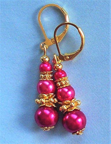 Berry Red Triple Glass Pearl Leverback Earrings for Women - Handmade Dangle Rhinestone Earrings with Silver-Plated Hook - Elegant Artisan Jewelry Gift Set with Free Gift Box - Perfect for Weddings, Parties & Special Occasions
